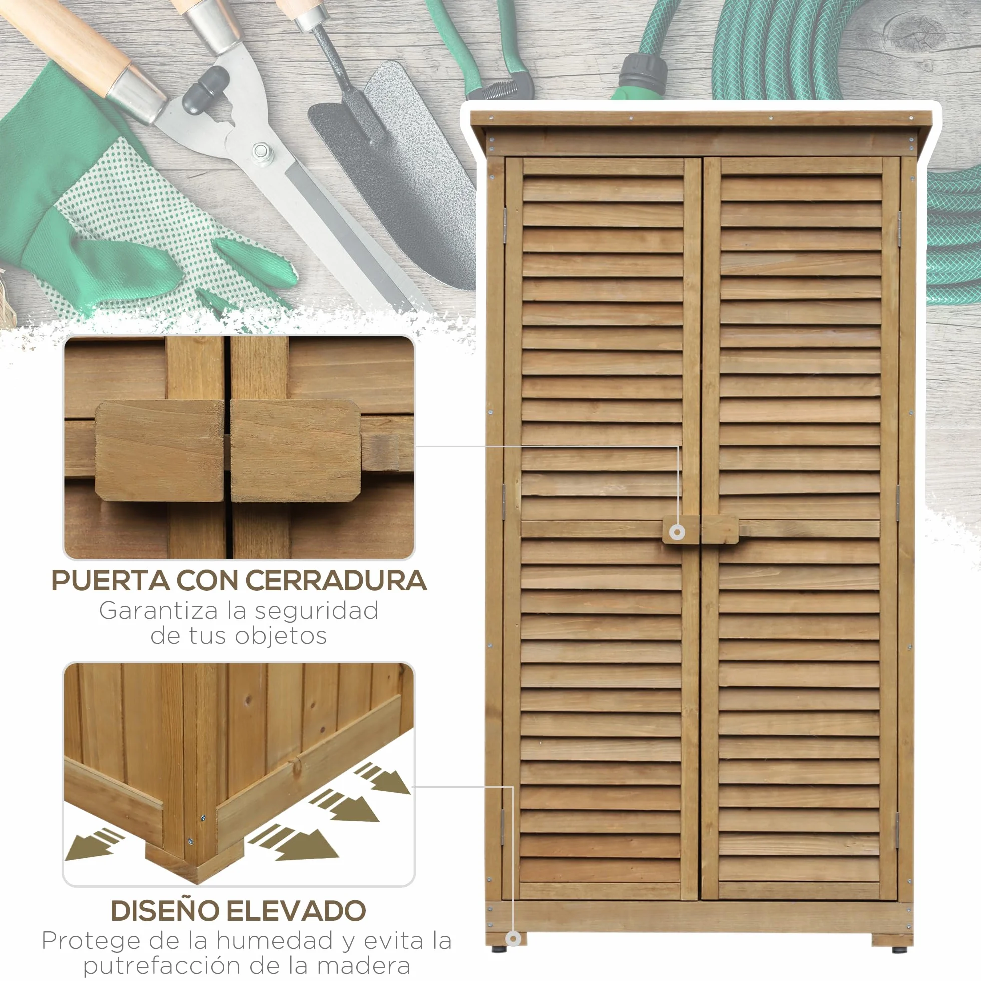Outsunny Cobertizo de Madera Caseta 0,31 m² 87x46,5x160 cm Armario Exterior 2 Puertas 2 Estantes