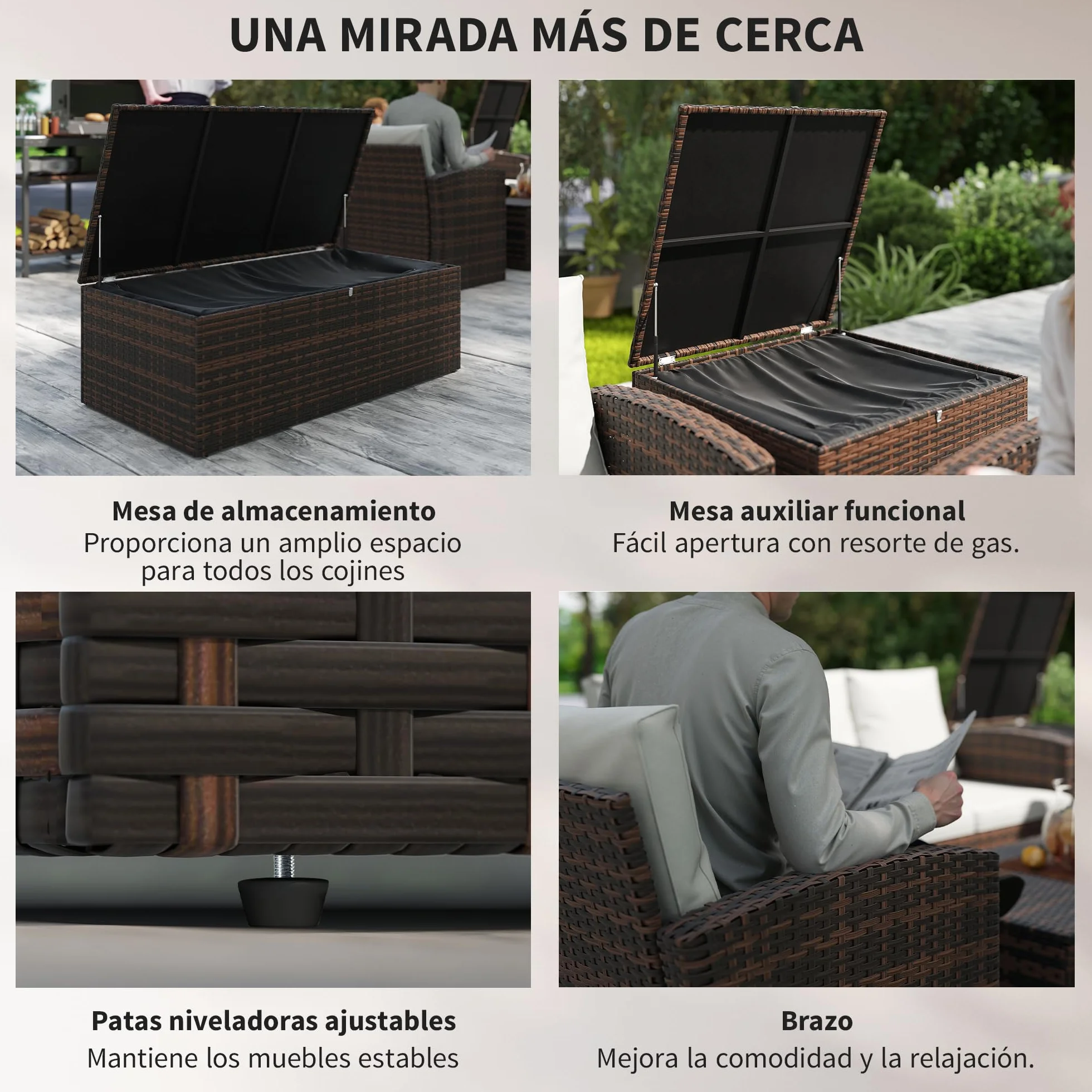 Outsunny Conjunto de Jardín Exterior de Ratán 6 Piezas con Cojines, Sofá Doble, 3 Plazas, 2 Sillones, 2 Mesas, Beige