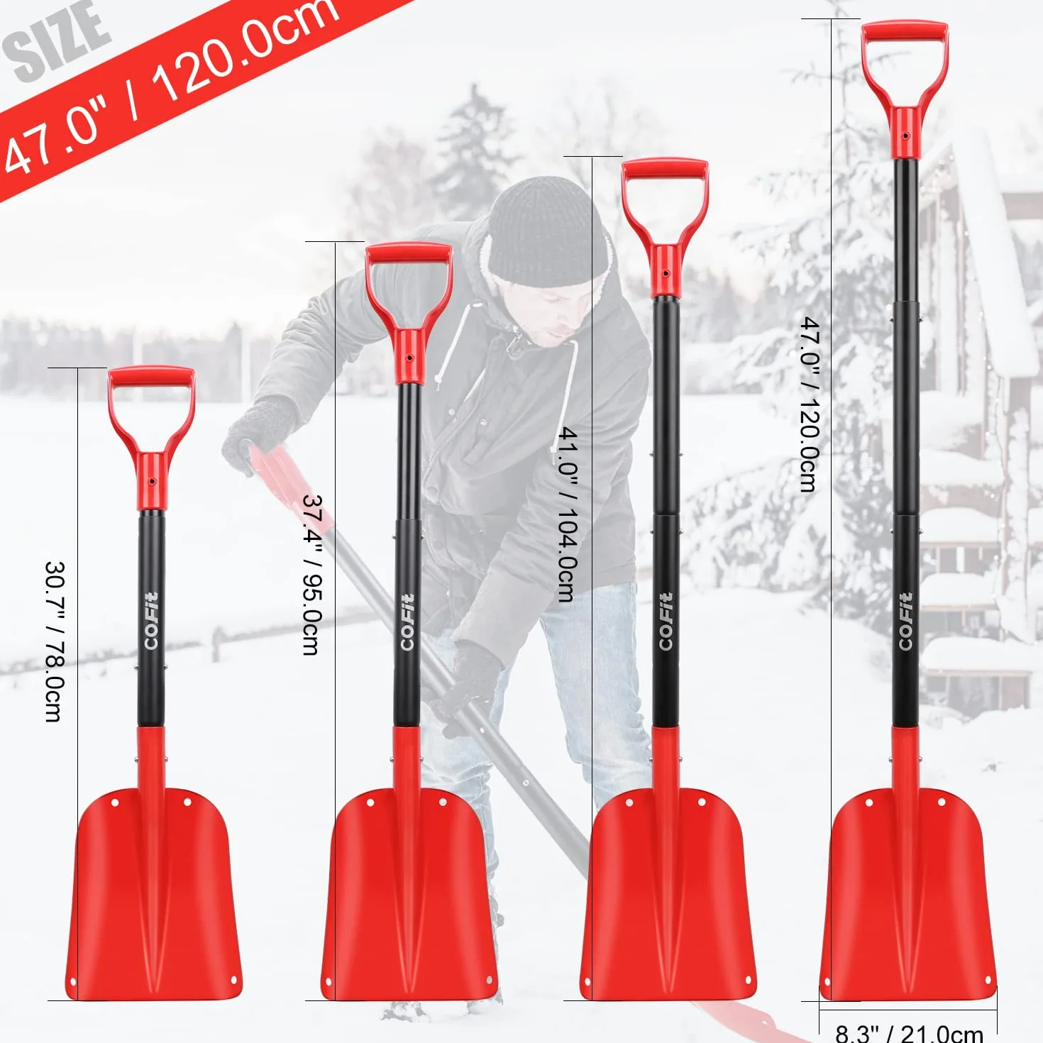 COFIT 120cm Pala Nieve Coche con Mango, Picas Jardineria Portátil para Hielo, Arena, Barro Herramienta Remoción Rojo