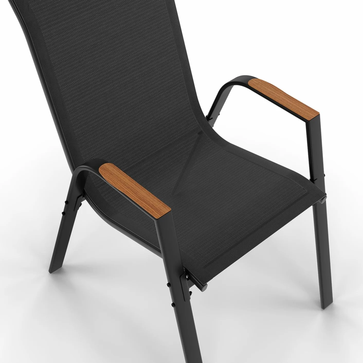 IDMarket - Salón de jardín NOUMEA Mesa de cristal templado efecto madera y 6 sillas apilables negro y madera