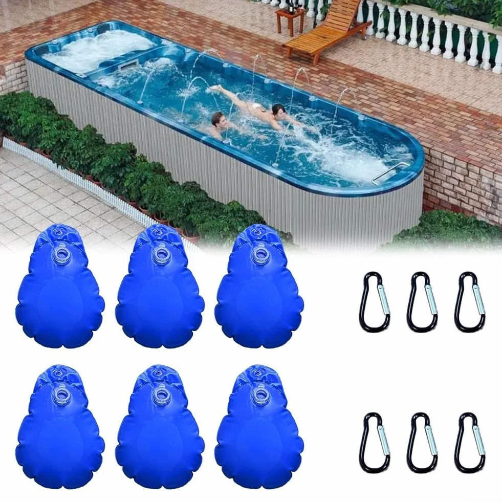 Paquete de 6 pesas de PVC con ganchos para piscinas sobre el suelo, bolsas de agua de 9 x 13.5 pulgadas (azul profundo)