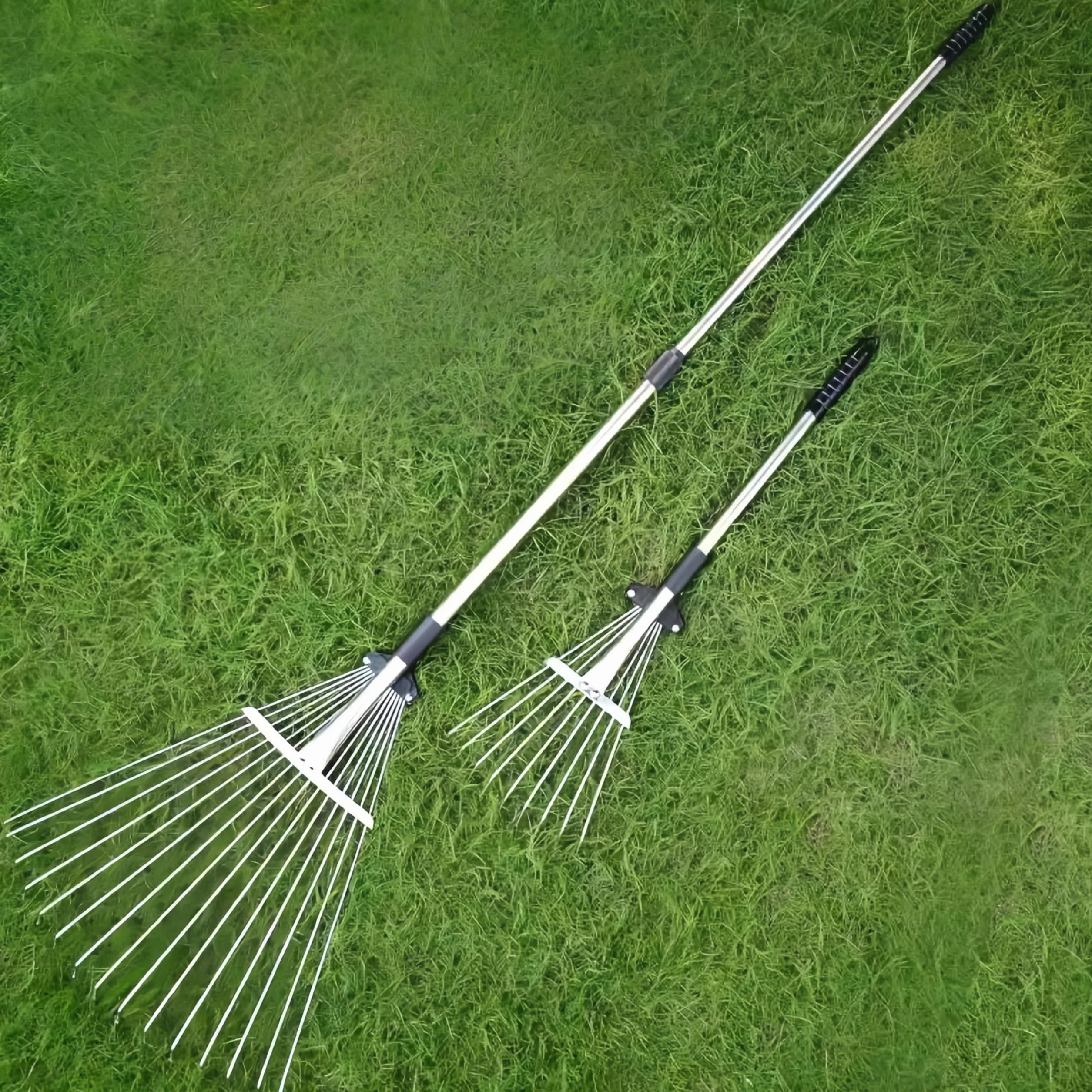 Rastrillo de jardín ajustable de metal para hojas, mango largo 85-175 cm, cabeza expandible 17-37 cm
