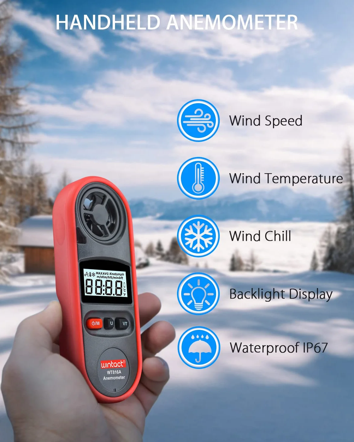 Wintact Anemómetro Medidor de velocidad del viento digital HVAC termómetro velómetro