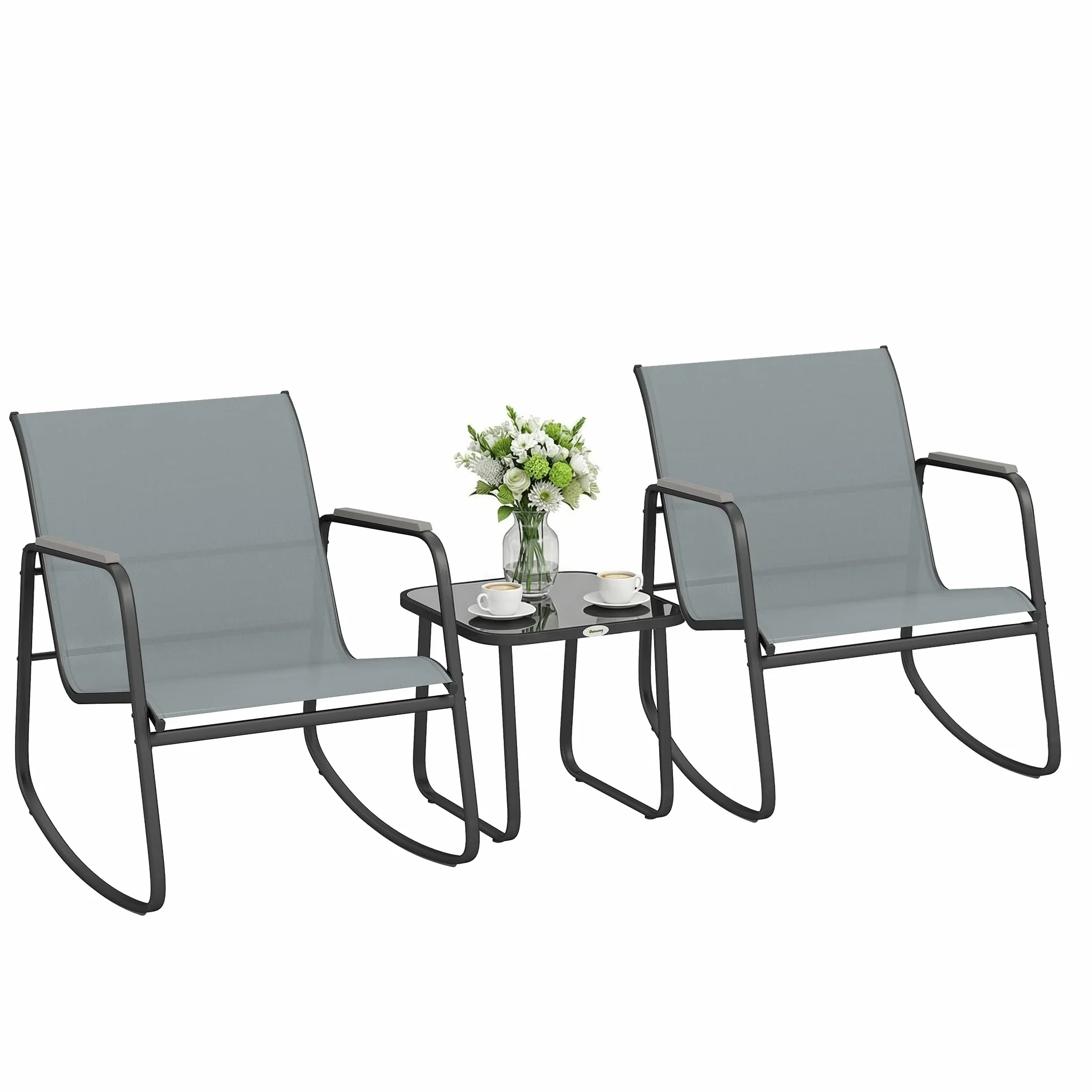 Outsunny Conjunto de Mesa y Sillas de Terraza Exterior 3 Piezas, Muebles de Jardín con 2 Sillas Mecedoras, Mesa de Vidrio y Acero, Gris