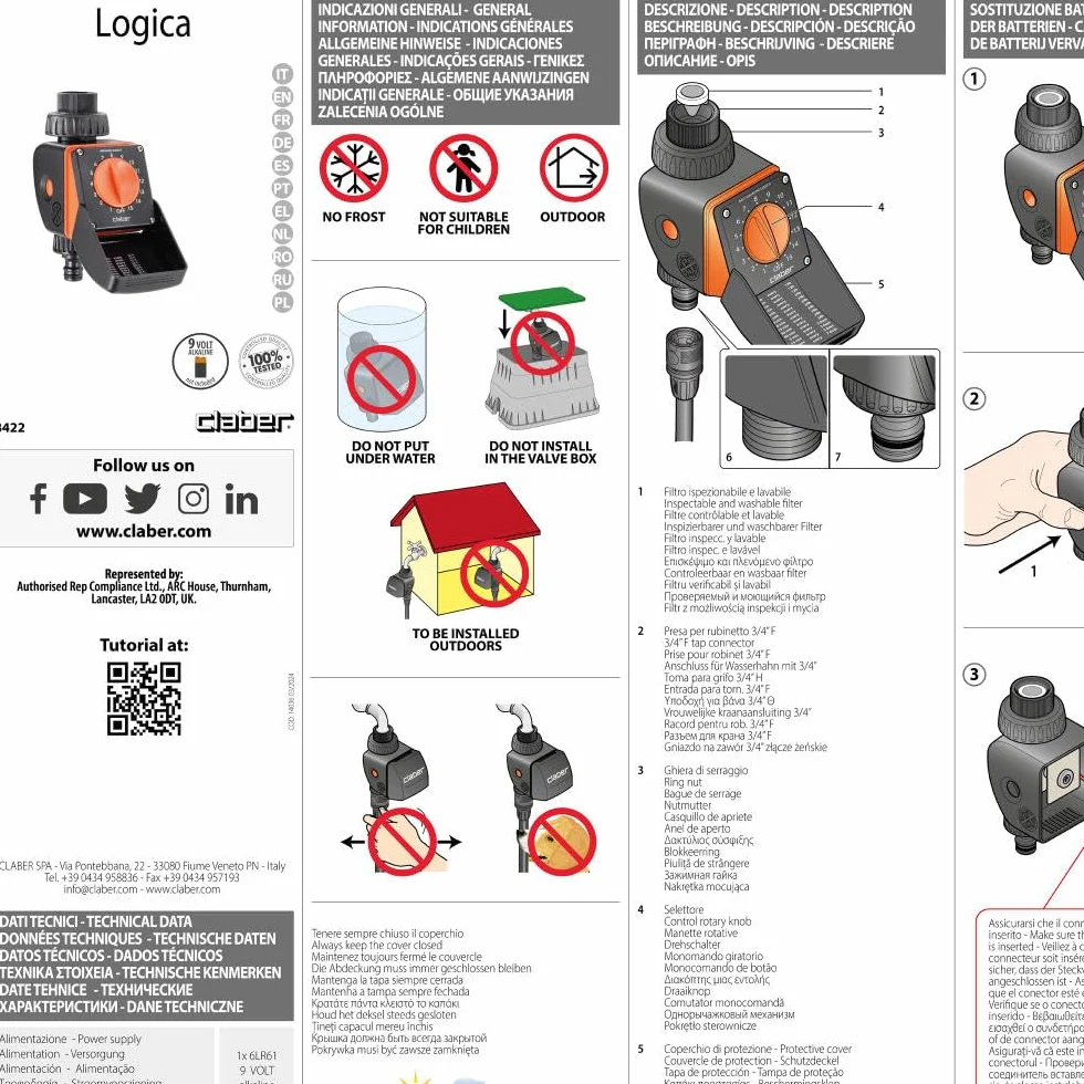 Claber 8422 Aquauno Logica Computer Digitale, Negro/Naranja