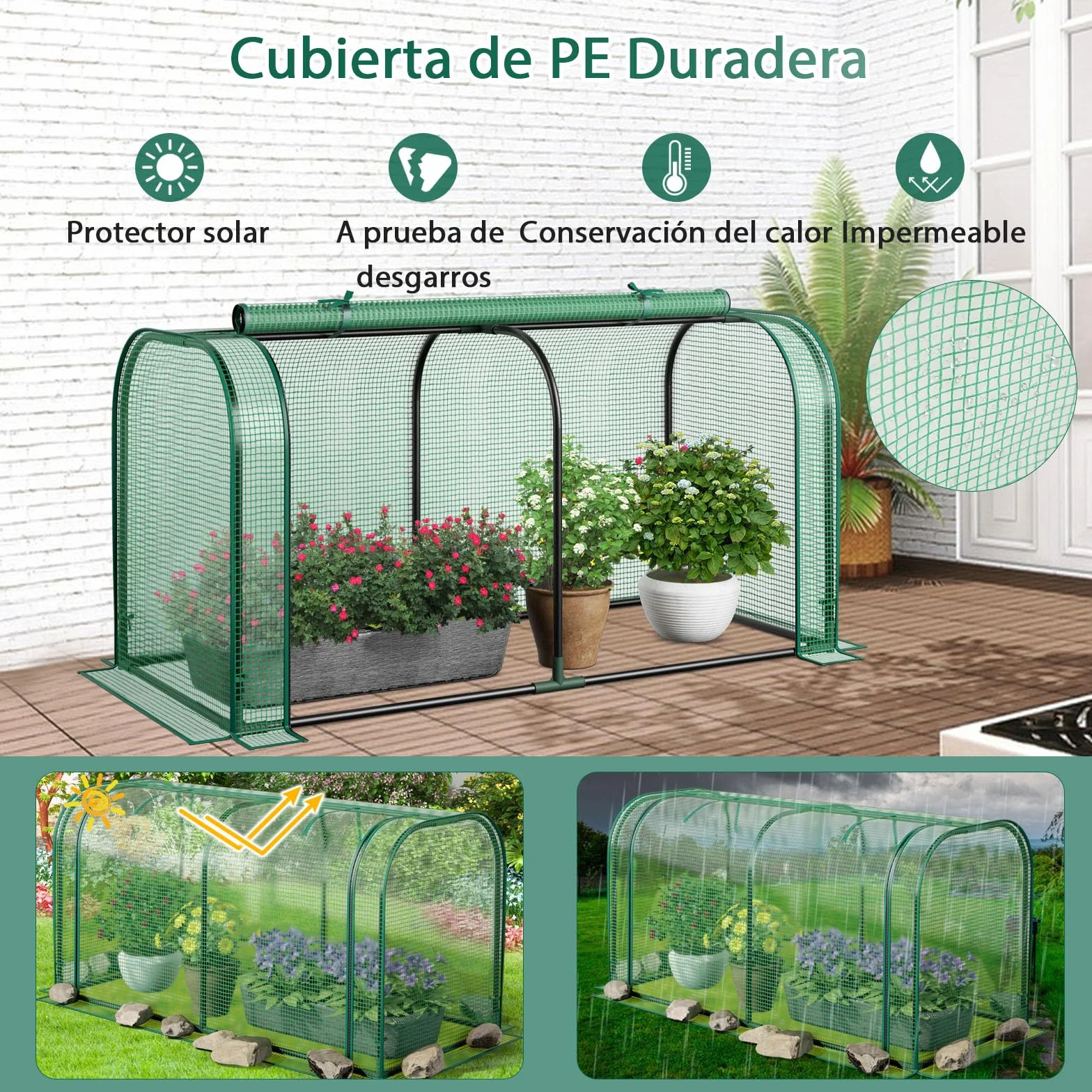 GOPLUS Mini Invernadero Portátil, 118 x 55 x 60 cm, Invernadero Exterior con Puerta Enrollable, Estacas de Tierra, Estructura de Metal, Cubierta PE Impermeable, para Verduras Flores Plantas (Verde)