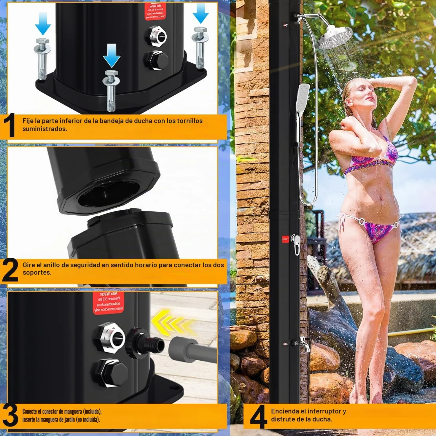 Herrselsam Ducha solar 35 L jardín agua caliente 60 °C camping sin conexión alimentación ducha pies alcachofa mano cabezal lluvia orientable funda