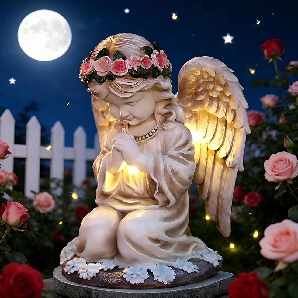 Estatuas Ángel Solar de Jardín IP44 Resistente Agua Luz LED Figura Ángel de la Guarda Orando Decoración