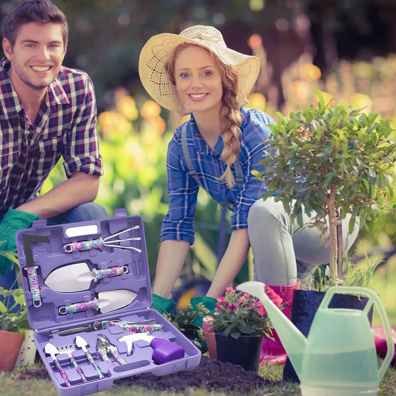 Juego de herramientas de jardinería con maleta, 10 herramientas de jardinería con estampado florales, mango ergonómico espátula rascador deshierente podadora pulverizadora