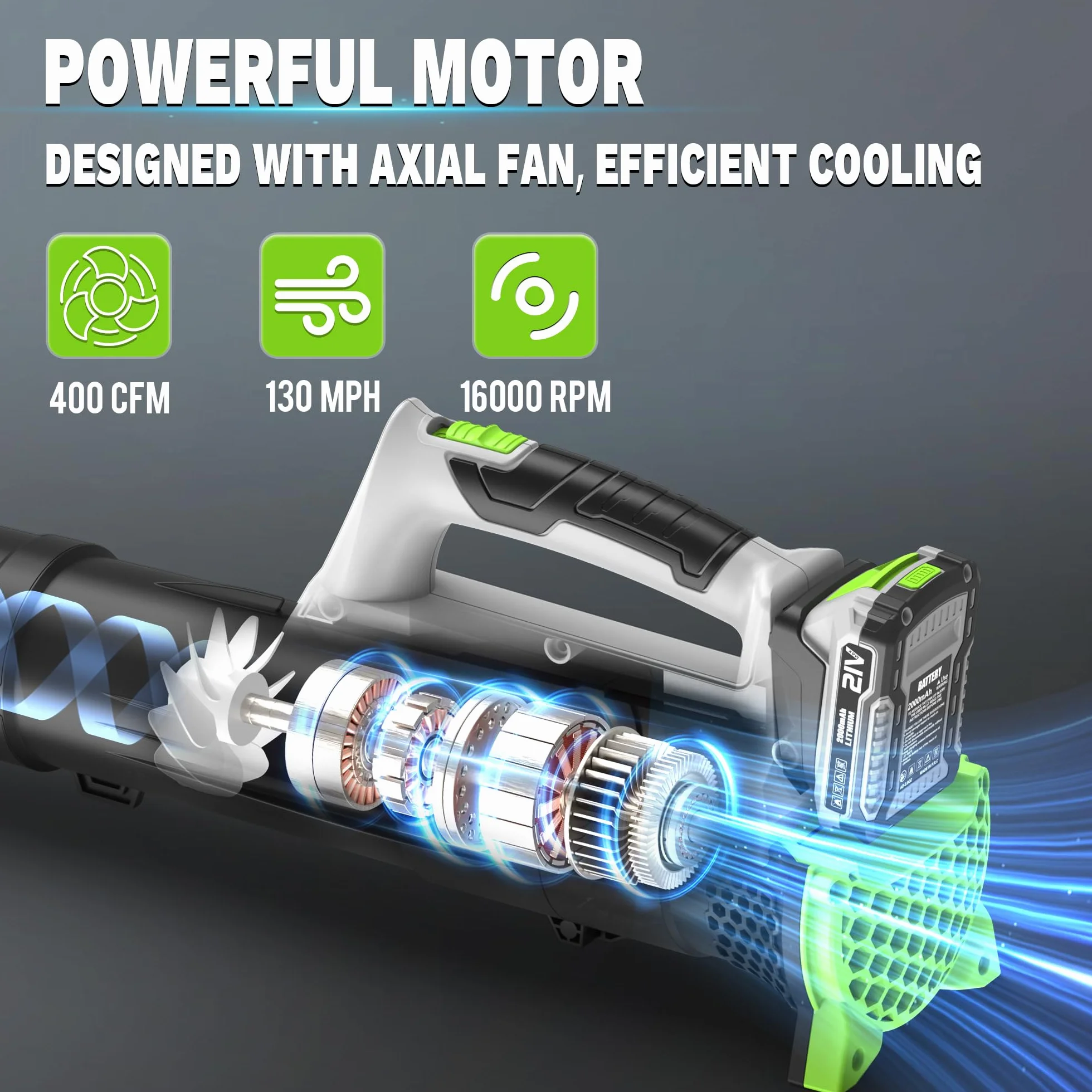 Soplador de hojas inalámbrico, limpiador eléctrico de hojas alimentado por pilas, soplador de hojas ultraligero, hasta 400 CFM, soplador de hojas eléctrico para el cuidado del césped, patio (2