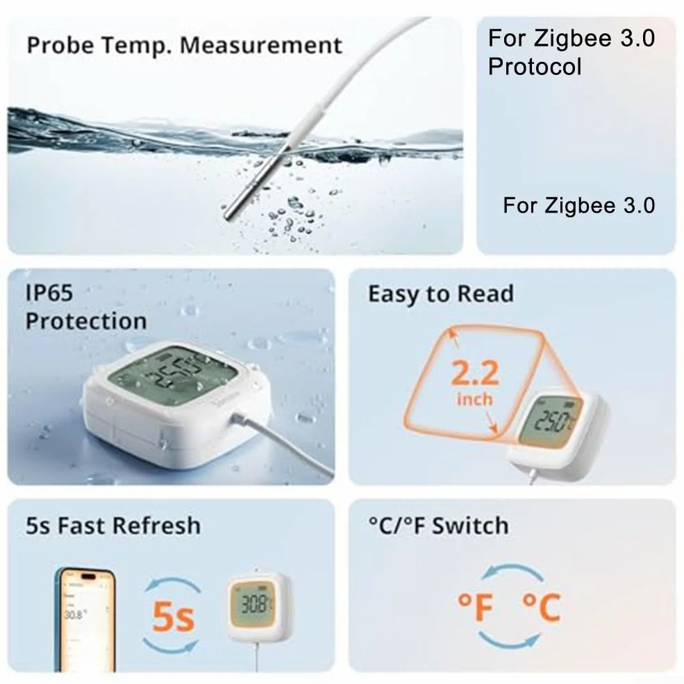 SNZB-02LD - Sensor de temperatura Zigbee 3.0 con sonda de 1,5 metros y pantalla LCD para piscina, cocina, baño y uso industrial