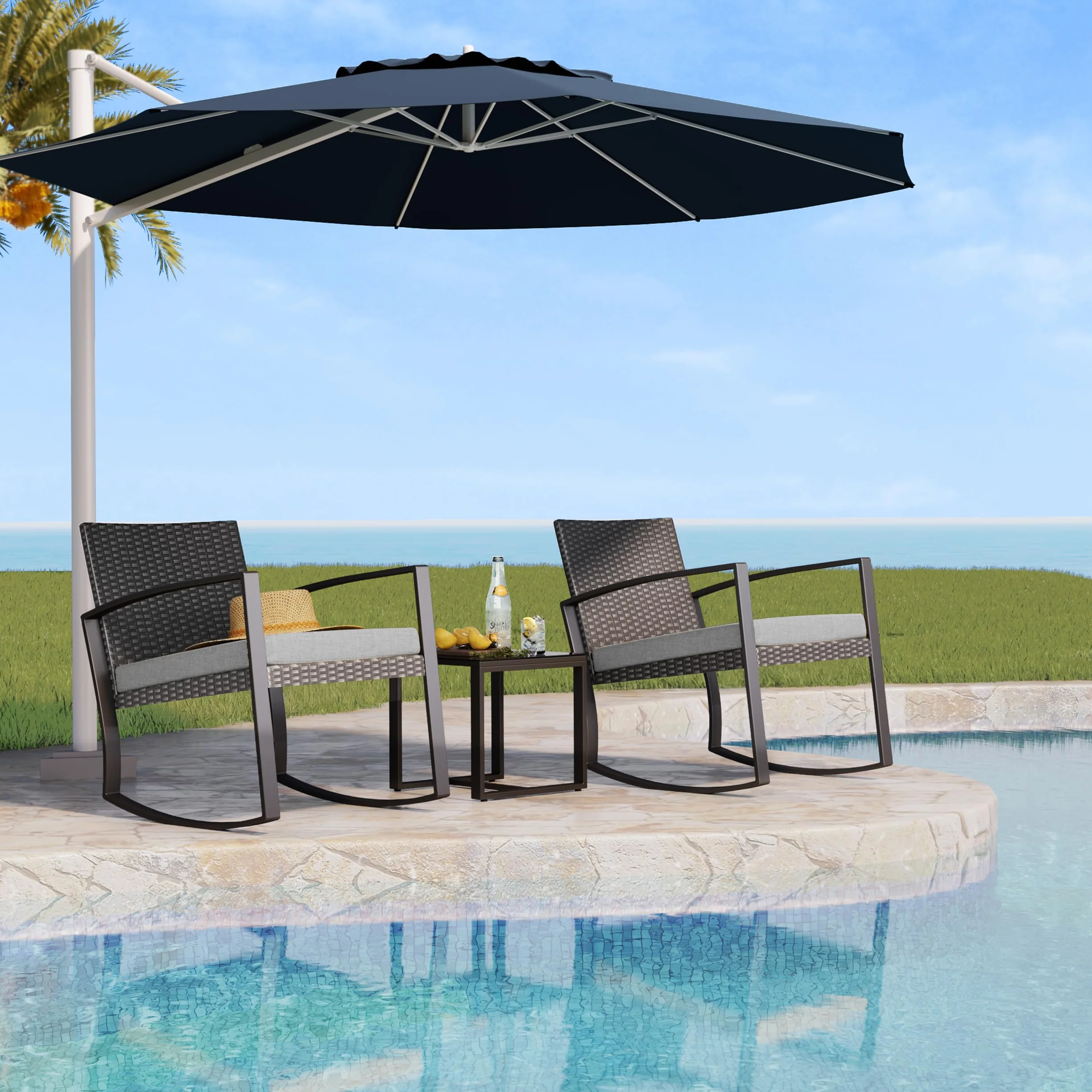 Bealife Conjunto Muebles de Jardín 3 Piezas, 2 Sillas Mecedoras de Ratán Sintético con Cojines y 1 Mesa Auxiliar, Juego de Balcón, Terraza y Patio, Exterior Resistente a la Intemperie (Gris)