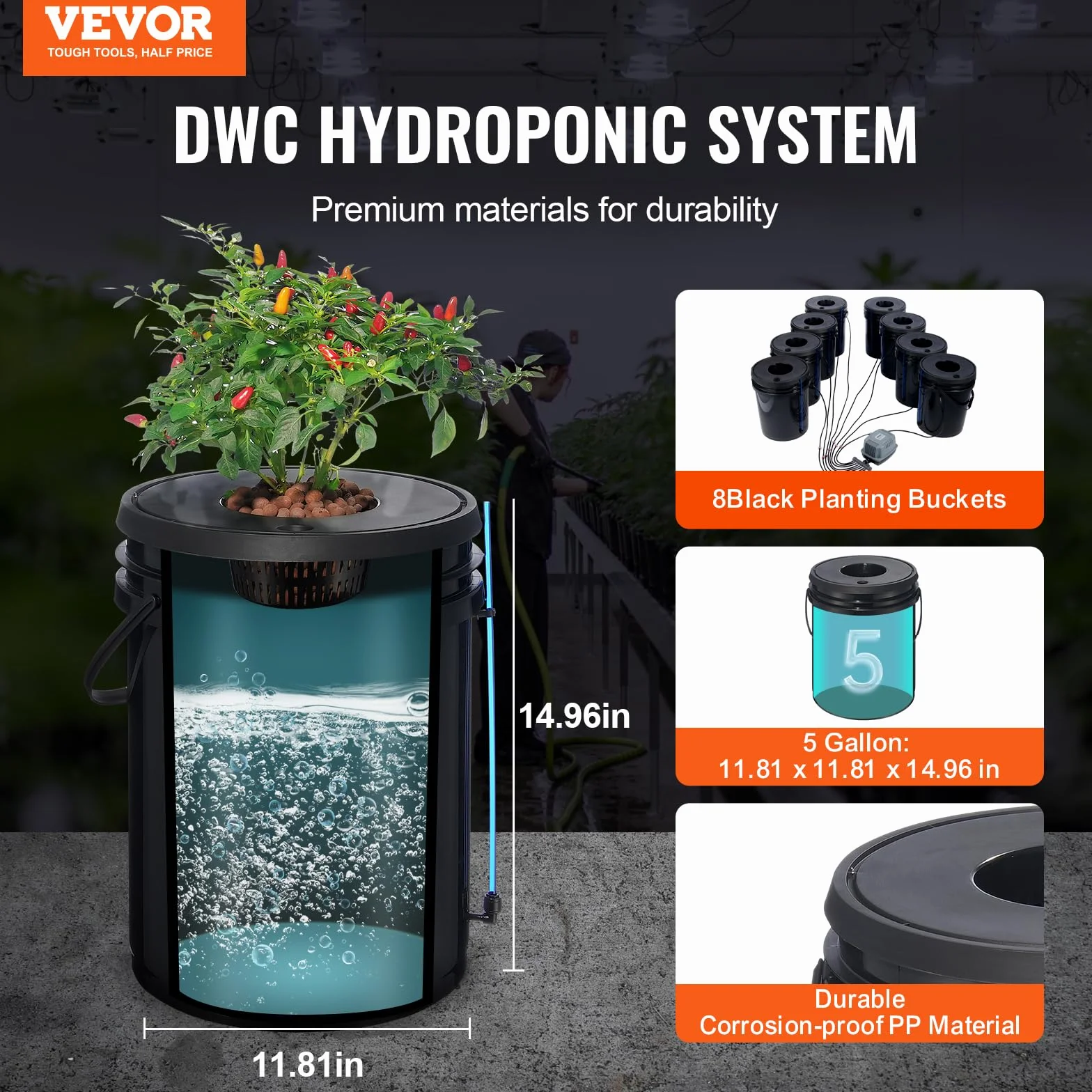 VEVOR DWC Sistema de Cultivo Hidropónico 20L 8 Cubos Bomba de Aire Piedras de Aire