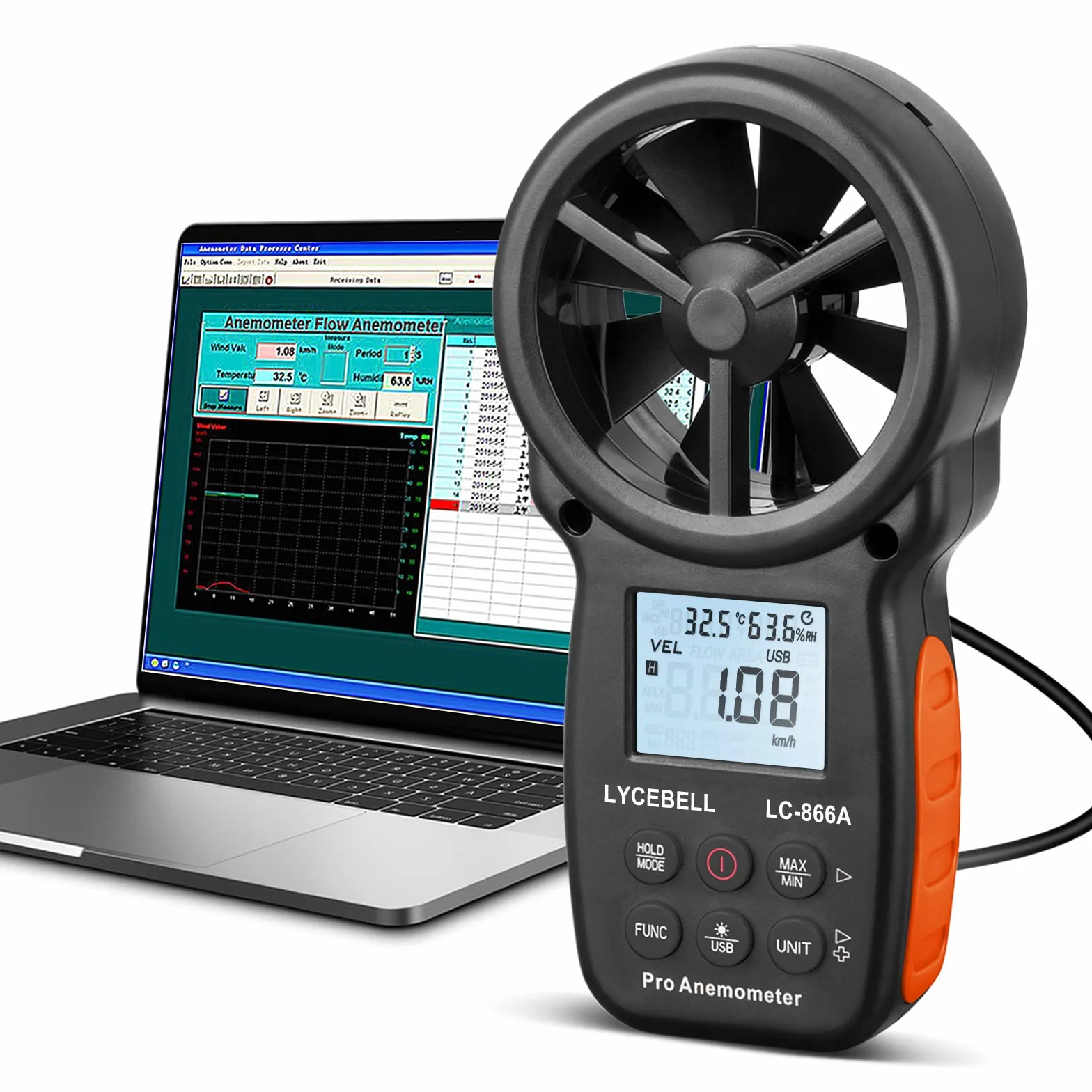 Anemómetro Digital de Mano 866A, Medidor de Velocidad del Viento, Flujo del Aire, Temperatura, Humedad, Puerto USB para HVAC