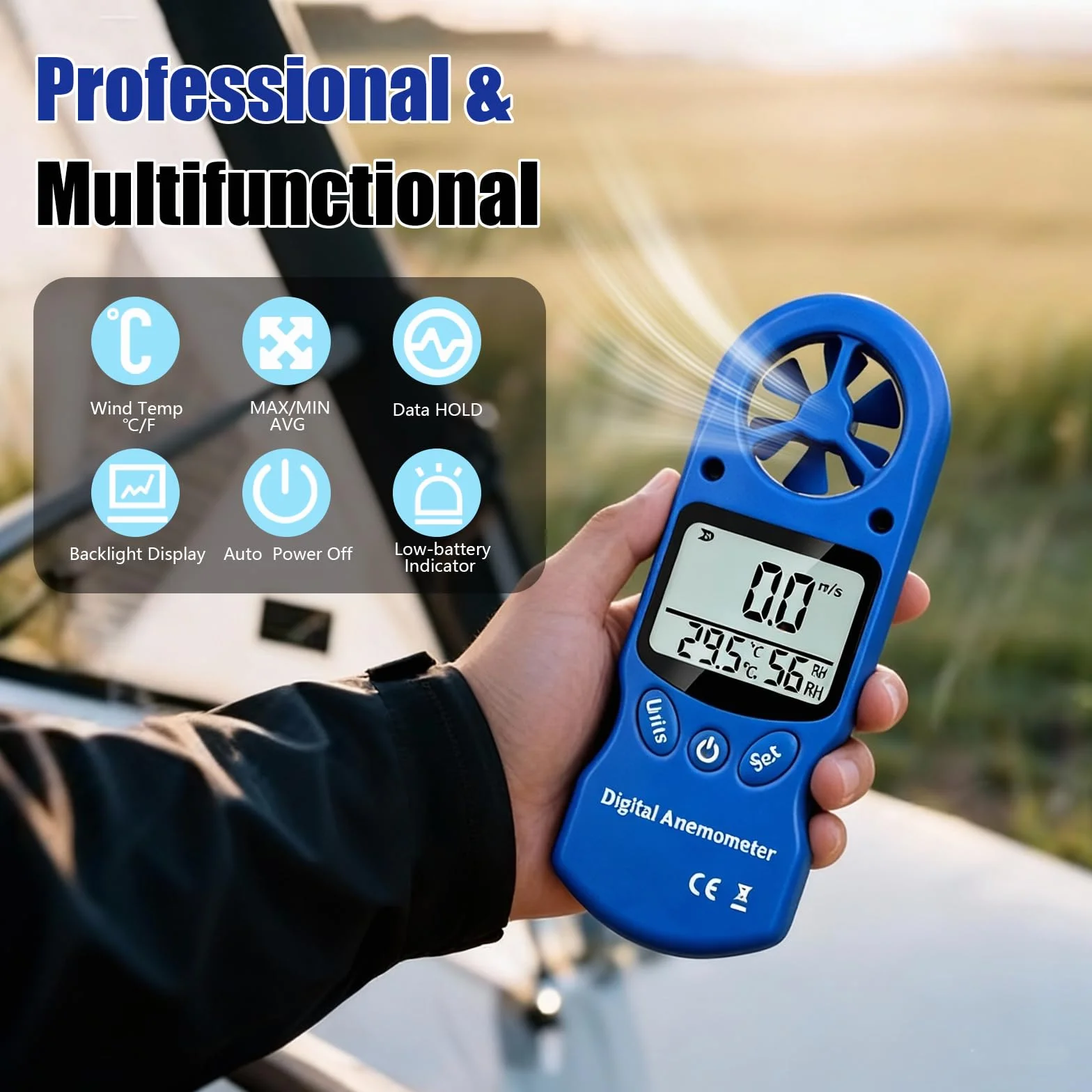 Anemómetro Portátil Digital 3 in 1, Medidor de Velocidad del Viento 0,3-30 m/s con Sensor de Temperatura y Humedad