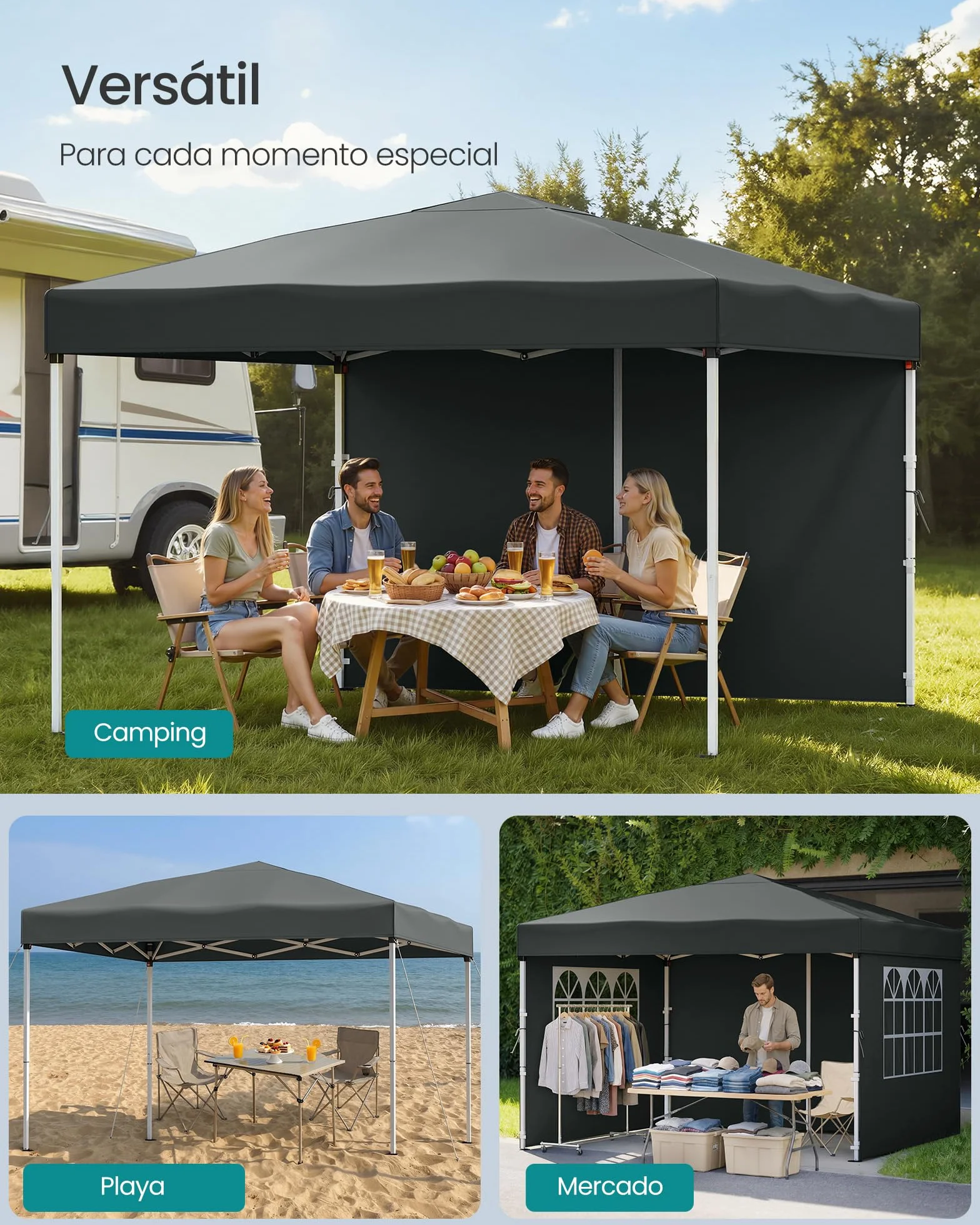 SONGMICS Cenador 3 x 3 m con Paneles Laterales, Carpa Plegable, Protección Solar, Resistente a Lluvia Ligera, Portátil, para Patio, Jardín, Mercadillo, Gris Oscuro GCT104GZ01