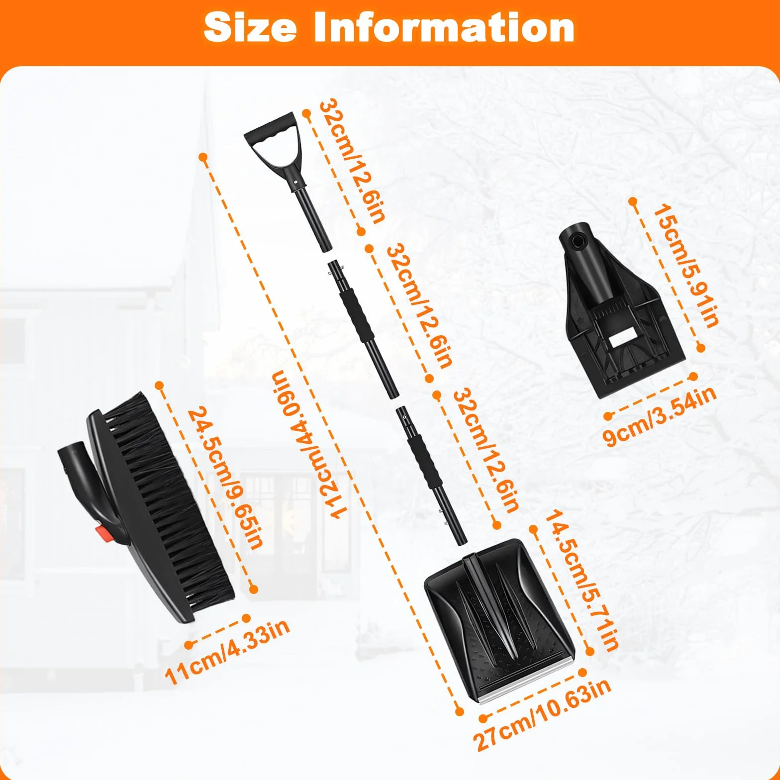 Pala de Nieve Ajustable 112 cm, Diseño Desmontable 3 Piezas, Mango en Forma de D para Coches, Camiones, Camping