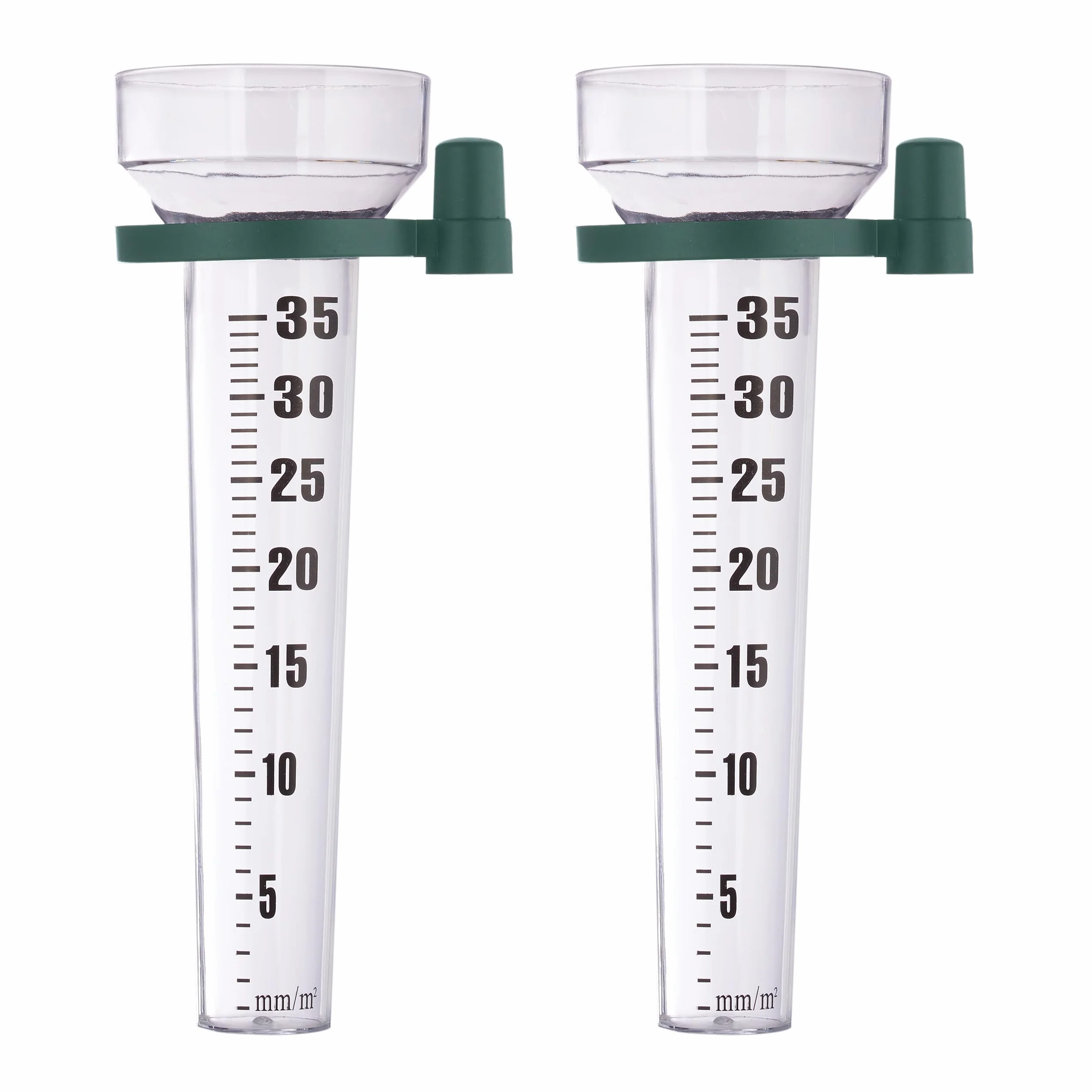 Relaxdays Pack de 2 Pluviómetros con Soporte, Medidores de Lluvia, Escala 35 mm/m², Plástico Transparente/Verde