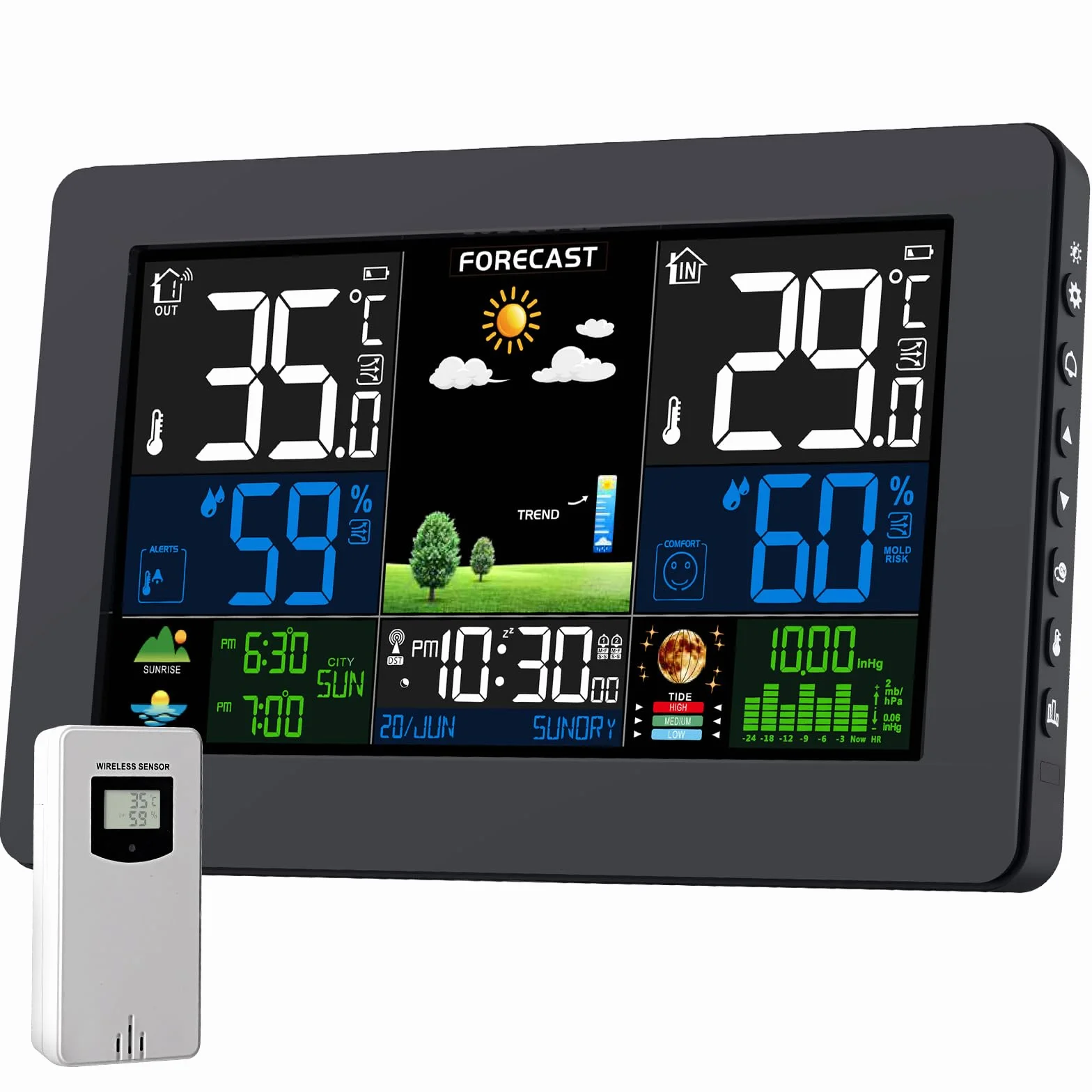 Estación Meteorológica para Casa con Sensor Digital, Pantalla a Color, Reloj, Temperatura, Humedad, Pronóstico del Tiempo, Barómetro, Termómetro, Higrómetro, Negro
