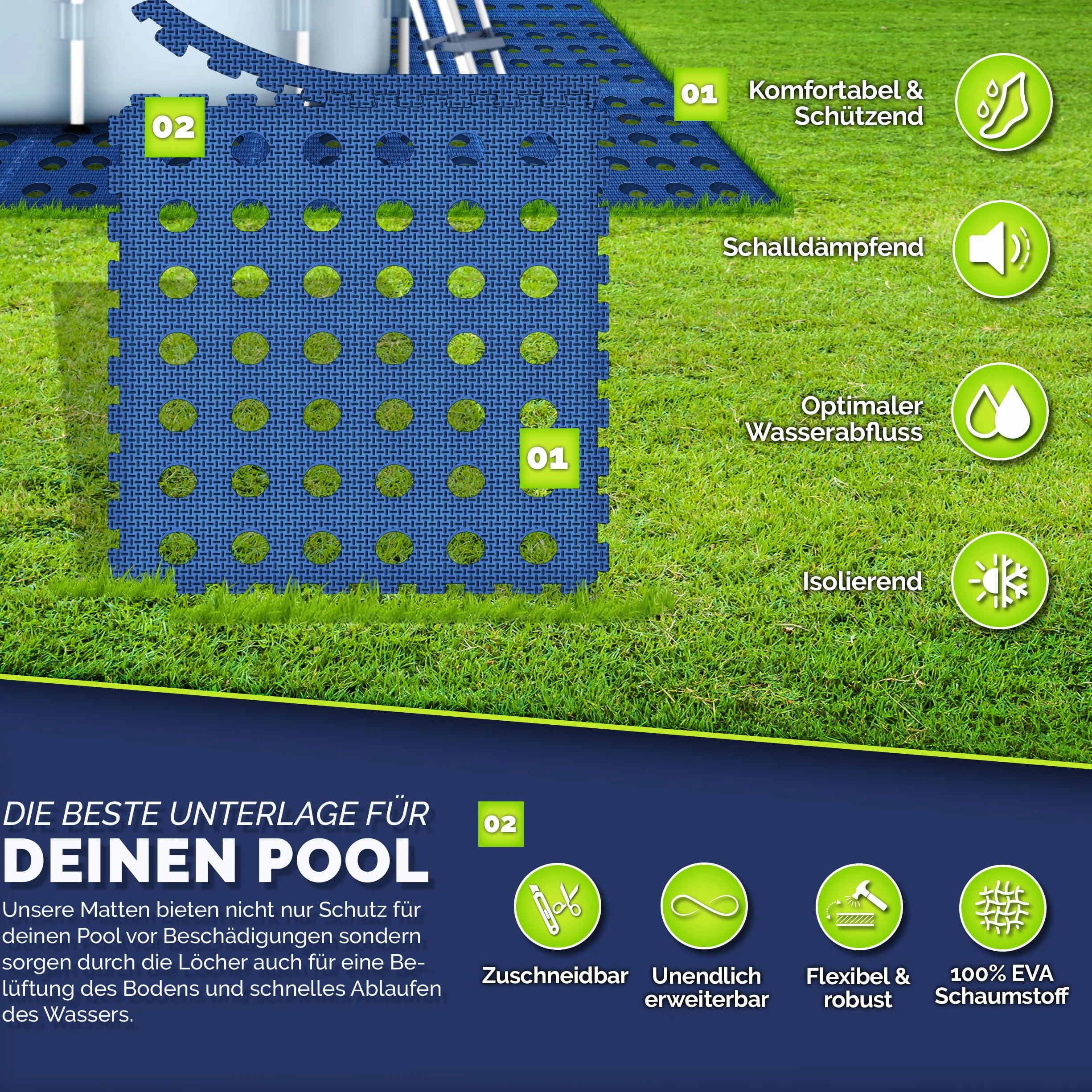 tillvex® Alfombra de protección para piscina 51x51 cm 24 piezas