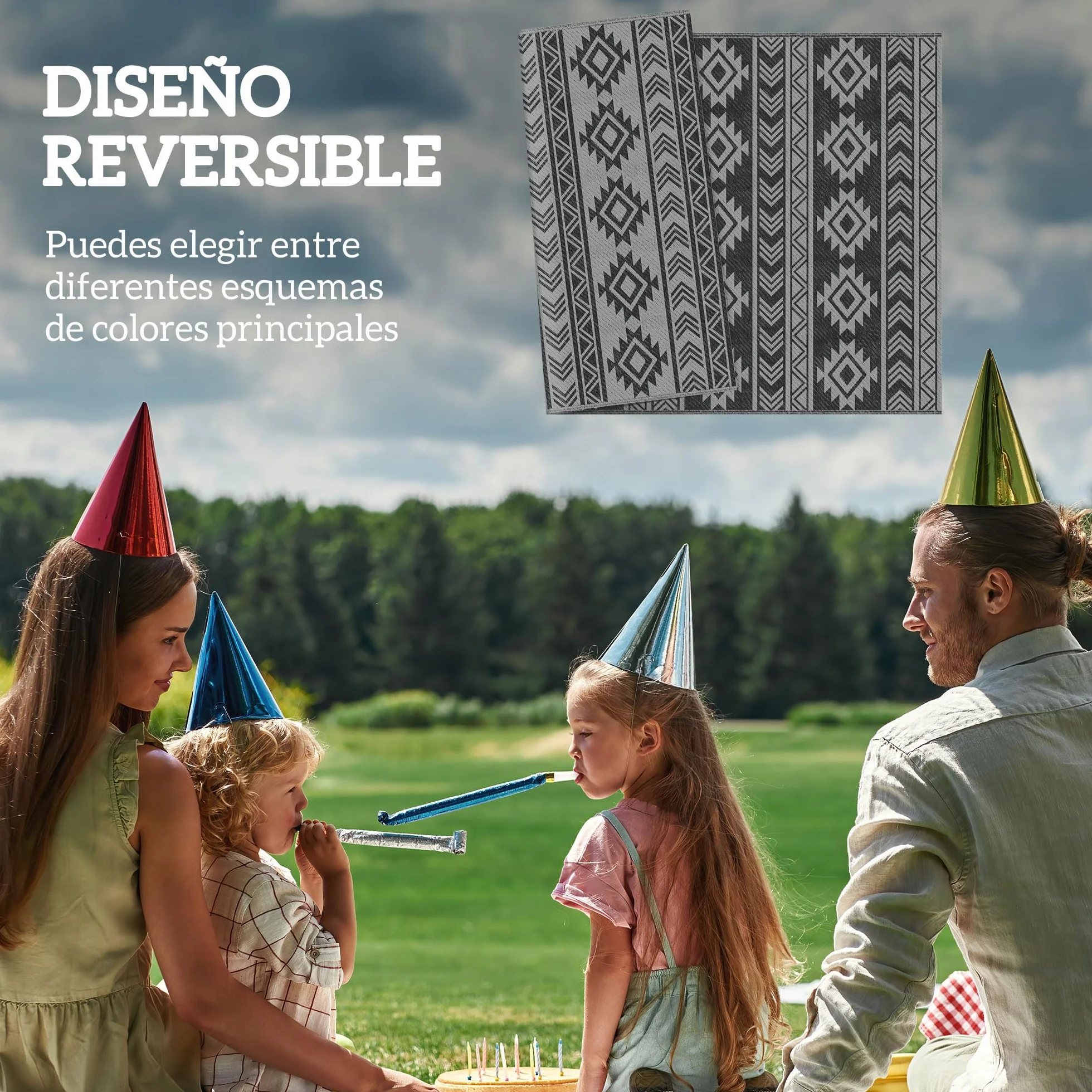 Outsunny Alfombra de Exterior 182x274 cm Reversible Impermeable Anti-UV Terraza Balcón Patio Negro Gris Claro