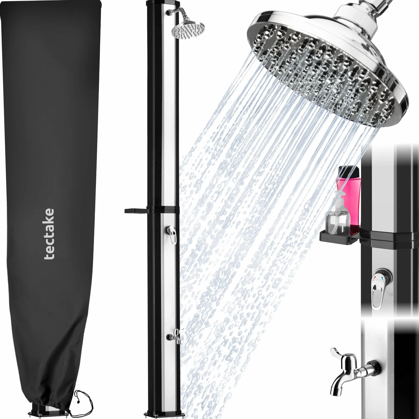 Tectake Ducha Solar Exterior 35L Negro/Plata Resistente Intemperie Alcachofa 360°
