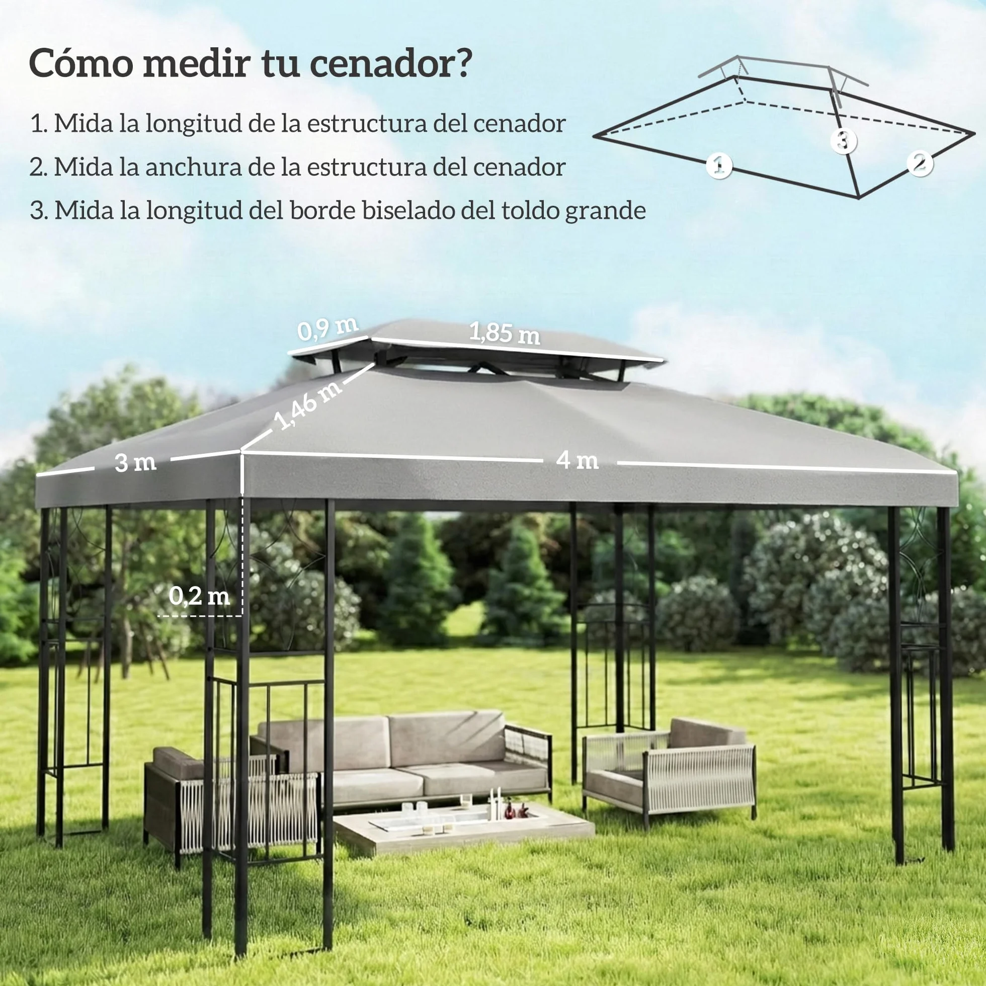 Outsunny Techo de Repuesto para Cenador, 4x3 m, Cubierta de Repuesto con Techo Doble, 10 Orificios de Drenaje y Protección UV, Solo Toldo de Recambio para Pabellón Gazebo, Gris Claro