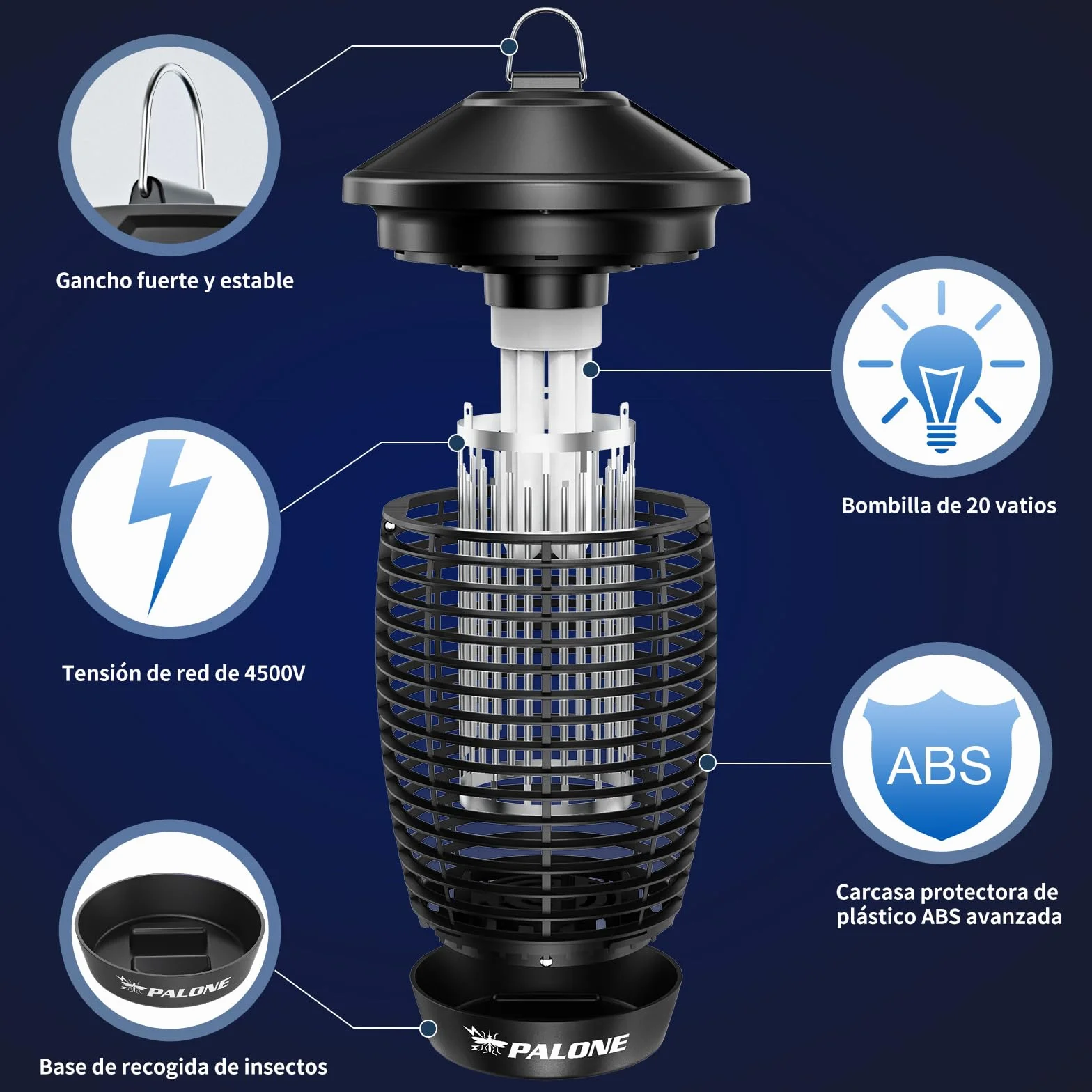 PALONE Lampara Antimosquitos 4500V 20W UV Alcance 100 M² Interior Exterior