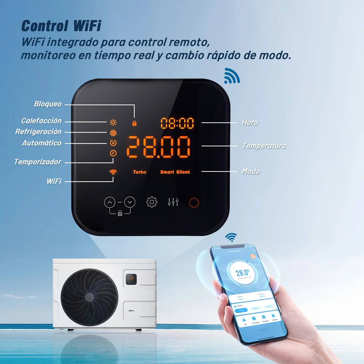 INVERBOOST Bomba De Calor para Piscina Inverter 9,5 kW, Cop 16, WiFi, Control por Voz