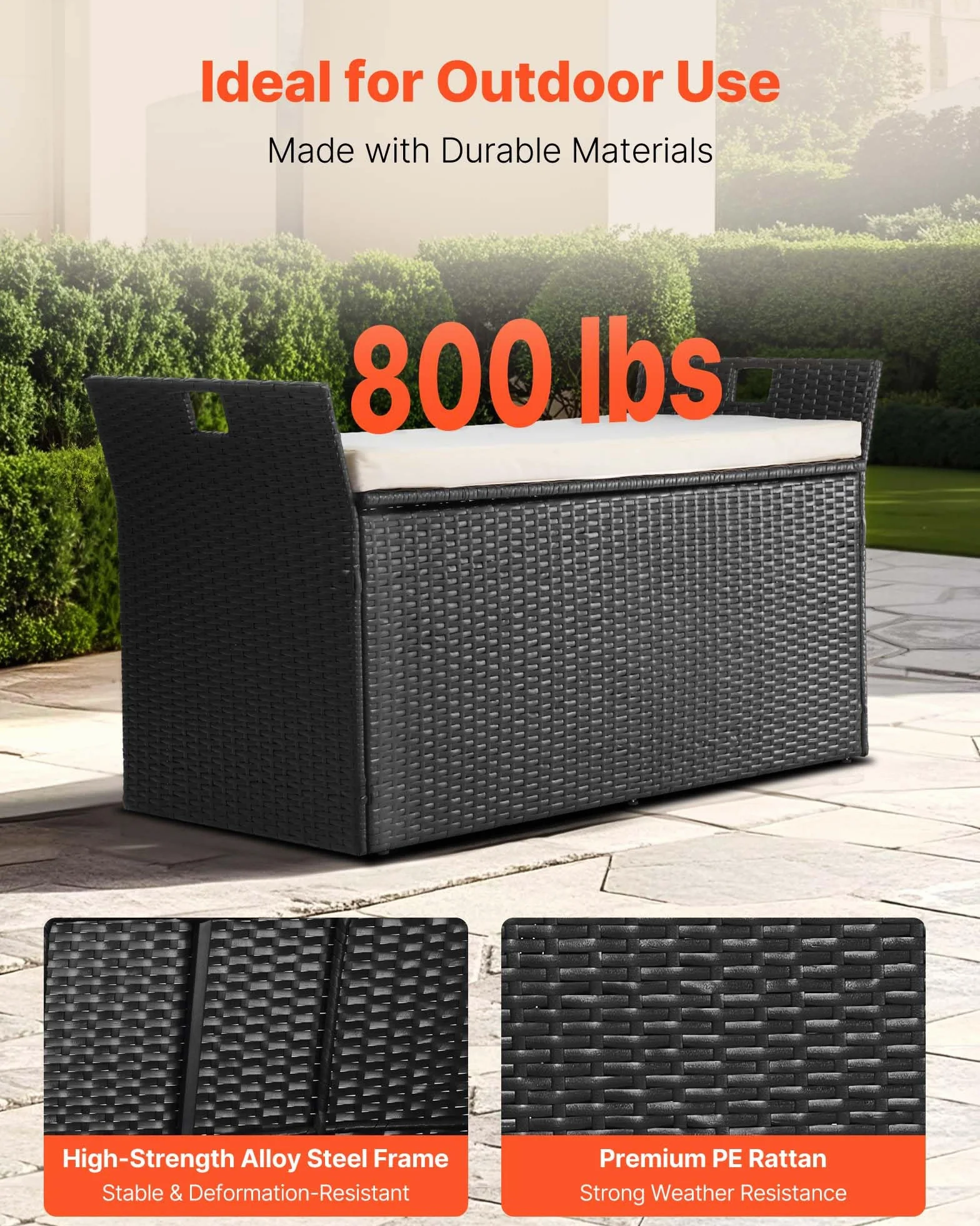 VEVOR Baúl de Almacenamiento de Ratán Sintético 125x55x70 cm con Cojín para Exterior, Jardín