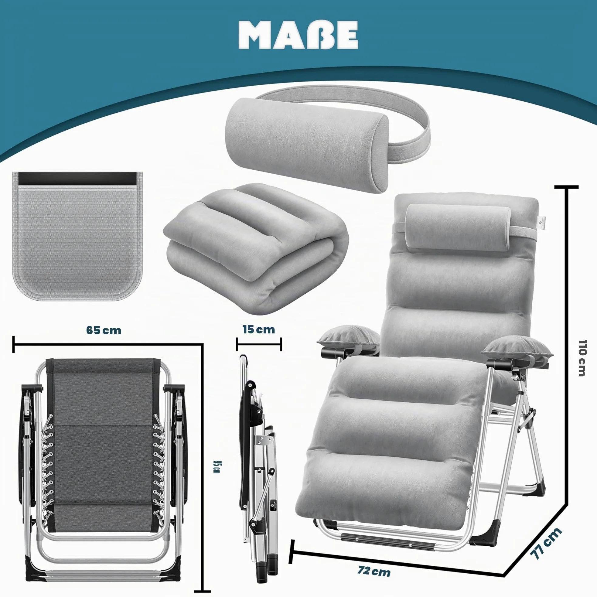 KESSER® Tumbona Plegable XXL, Resistente a la Intemperie, Capacidad de Carga 200kg, Tapizado Ergonómico, Respaldo Ajustable, Cojín Cervical, Portavasos y Cojín para Brazos, Basic - Gris
