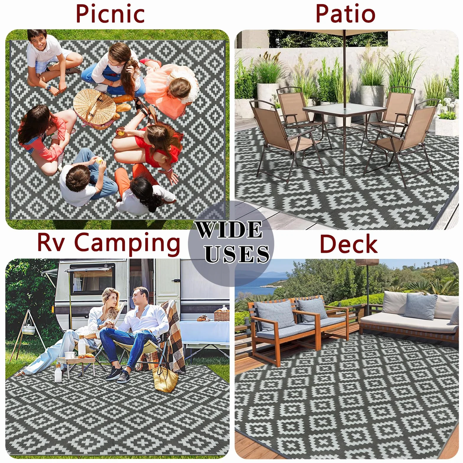 Alfombra de Exterior Homcomodar 180x270cm Gris Resistente UV Reversible Plástico Camping Patio