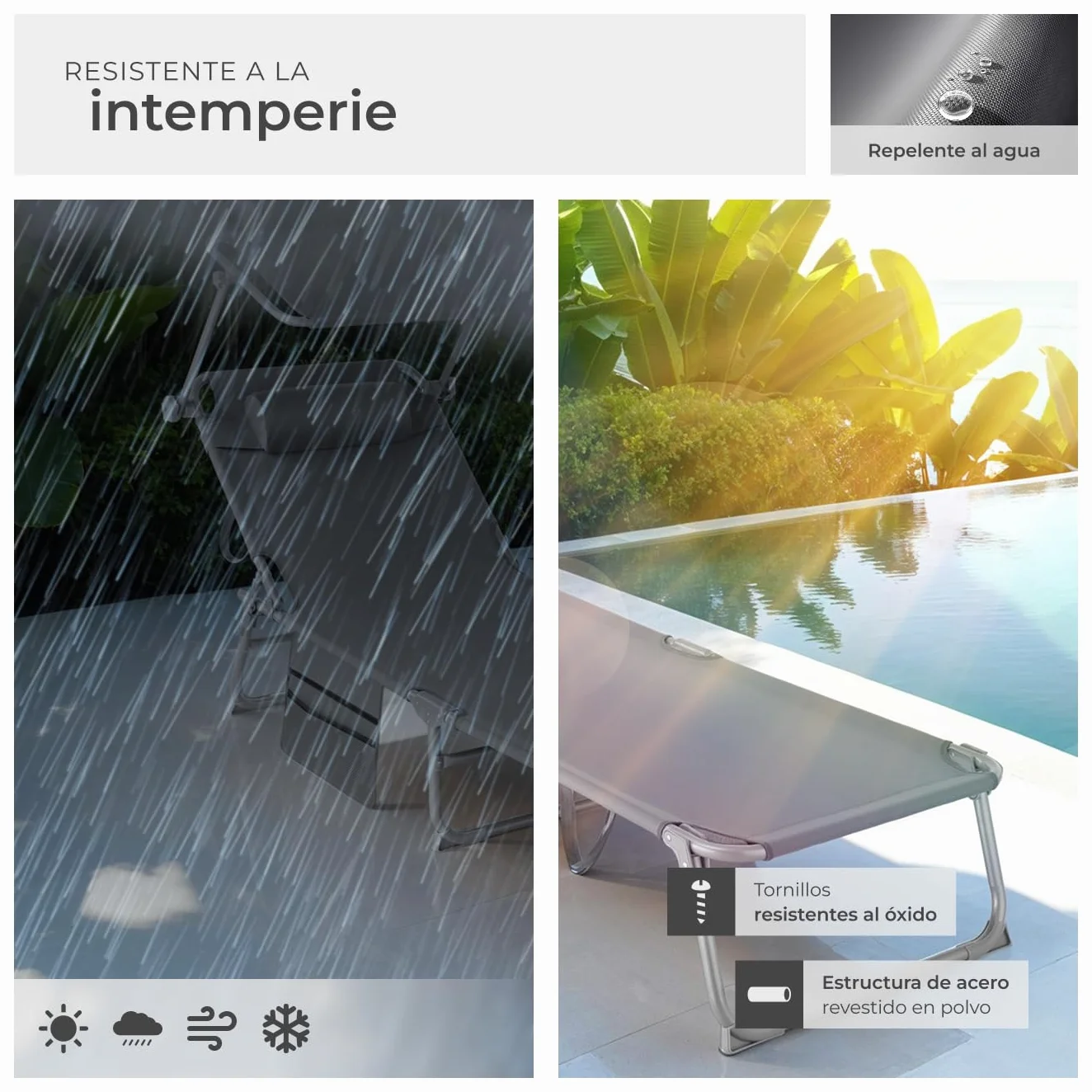 Tectake Tumbona Jardín Exterior Acero Plegable Reposacabezas Parasol Bolsillo Lateral Reclinable 6 Posiciones Resistente Intemperie Gris