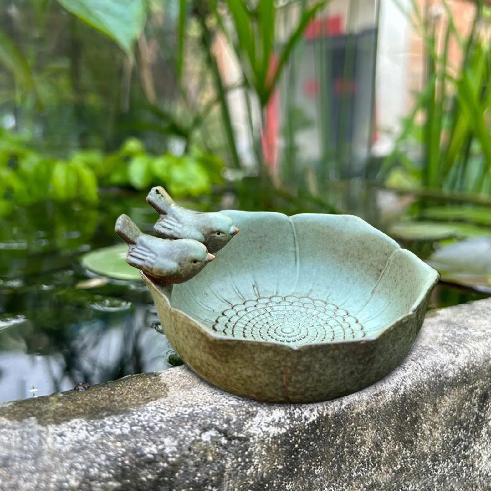 Ceramic Bird Bath Bowl, Garden Bird Feeder, 6.3x6.3x3.15 Inches Decorative Birdbath Tray