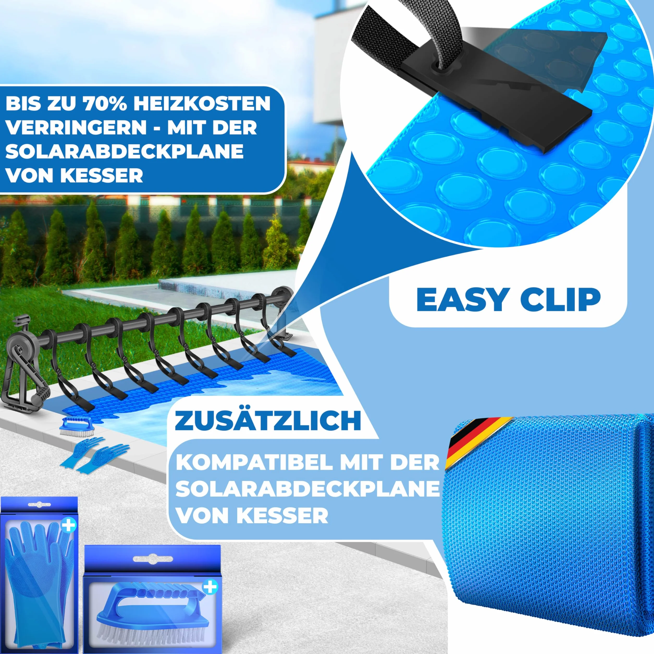 KESSER Enrollador de piscina 1,05 m – 6,15 m para lona solar resistente a la intemperie con cintas cepillo y guantes