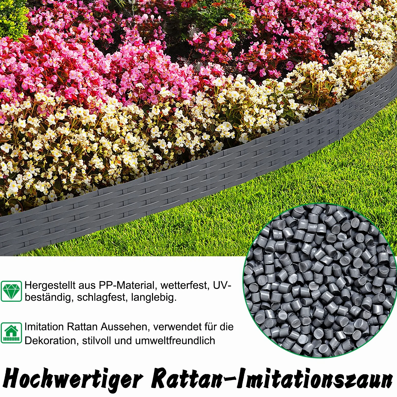 Froadp 100cm Imitación de Ratán Delimitadores de Bordes para Jardín, Borduras de Cama Flexible de Plástico, Bendable Vallas de Césped para Parterres, Empalizadas Bordillos (30 Piezas, Antracita)
