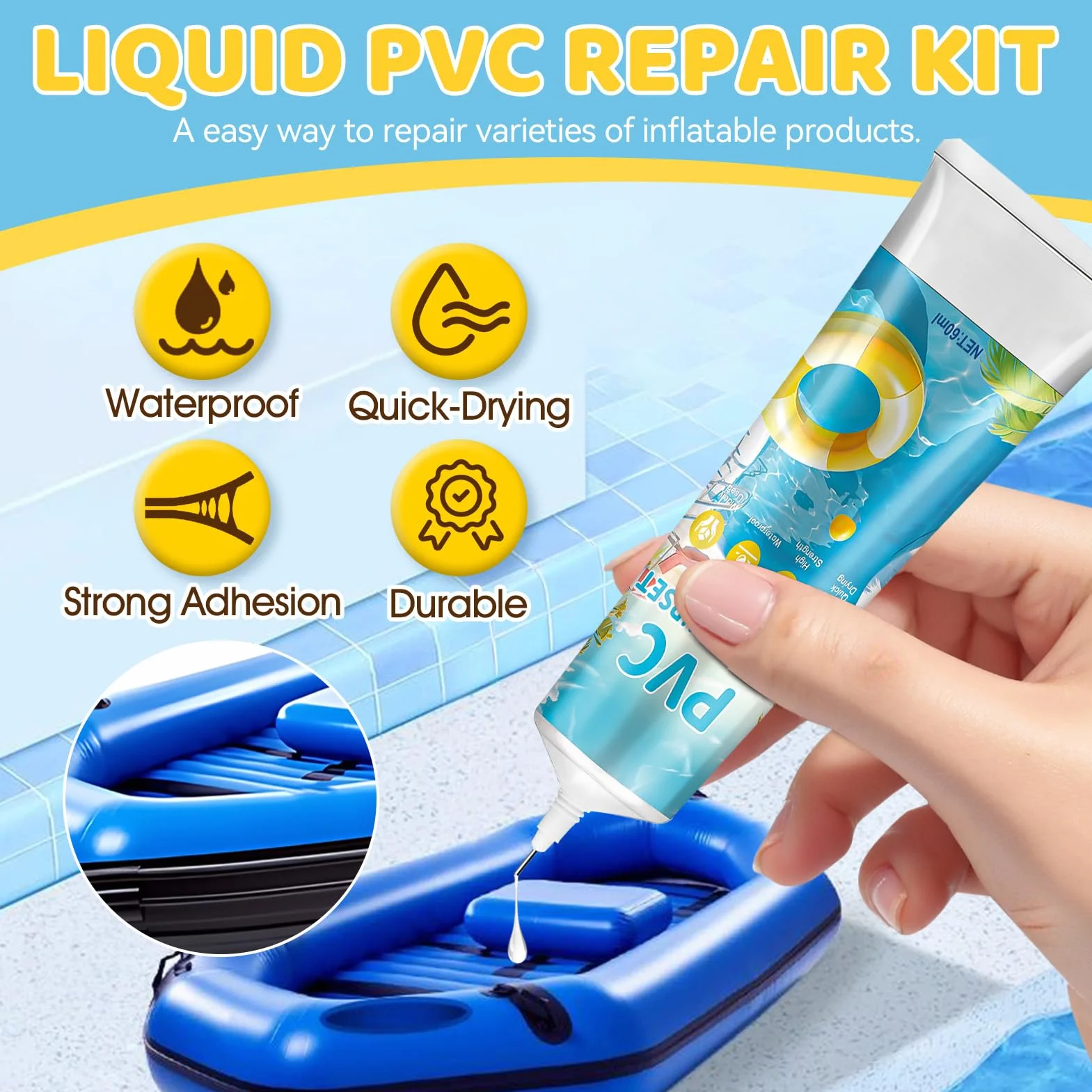 Kit de Reparación de Piscinas PVC Impermeable Miioto Parches Piscina 60ml