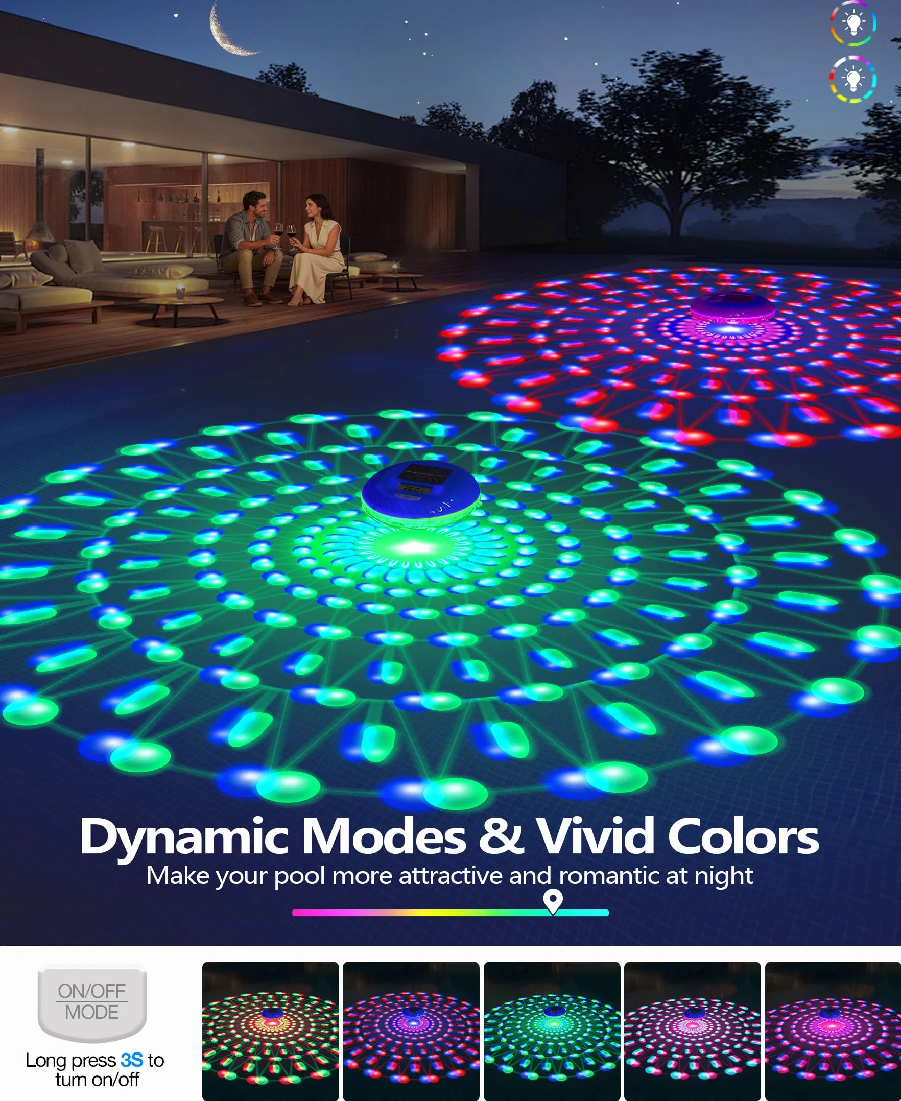 LuxBlue Termómetro Piscina Flotante con Luces LED Solar IP68 Impermeable Digital