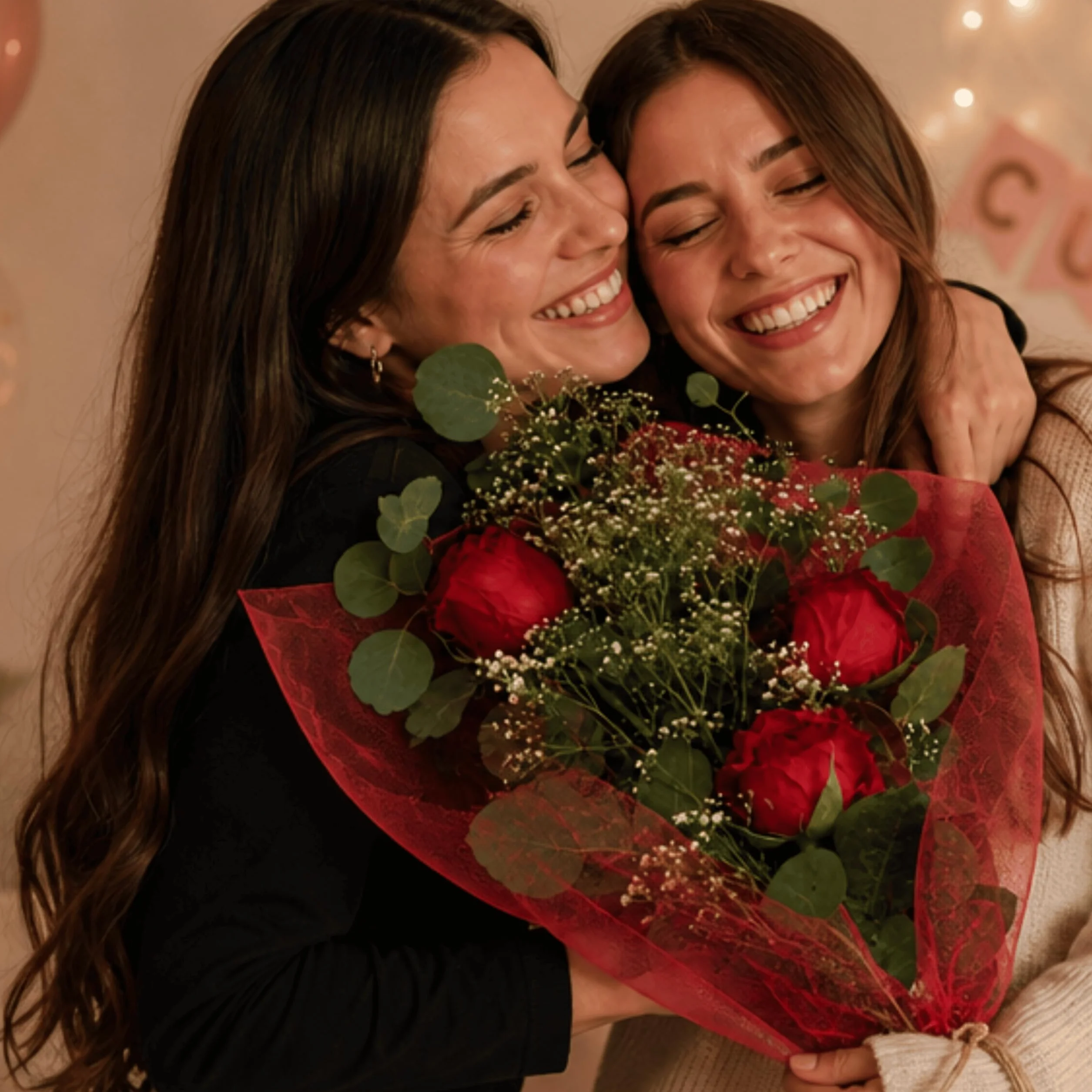 Ramo de 3 Rosas Frescas Naturales con Paniculata, Rosa Roja para Ella, Detalle Romántico
