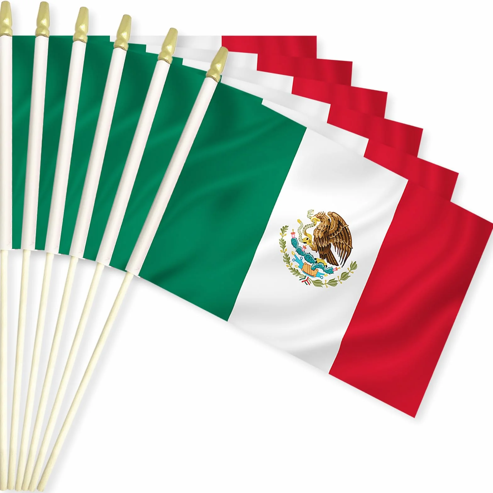 Paquete de 20 banderas mexicanas de mano de 5 x 8 pulgadas, pequeñas banderas de México en palos de madera con parte superior de lanza dorada, mini bandera mexicana para el Cinco de Mayo, Día de la