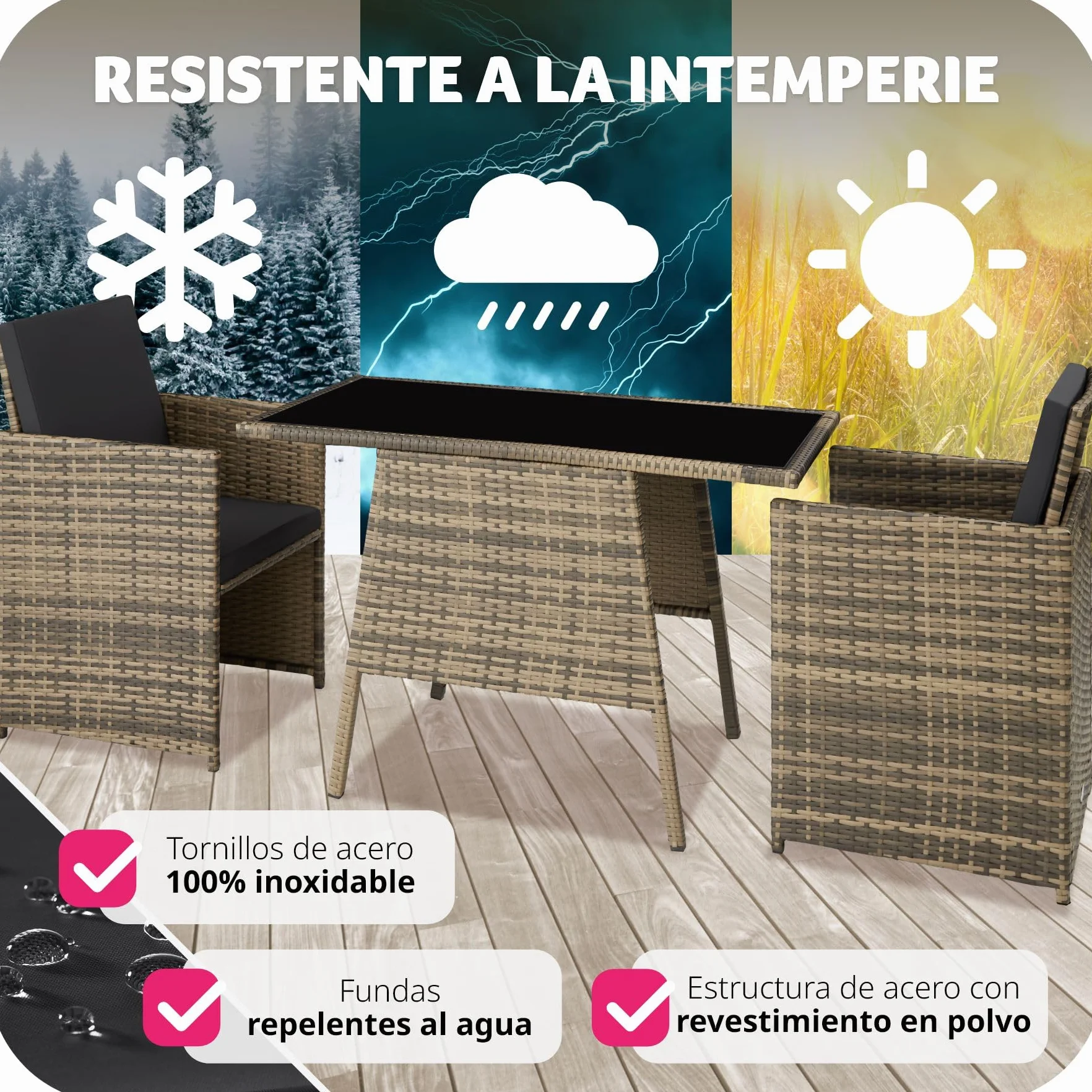 tectake Conjunto Jardín Exterior Ratán Aluminio 2 Sillas Cojines Mesa Cristal Apilable