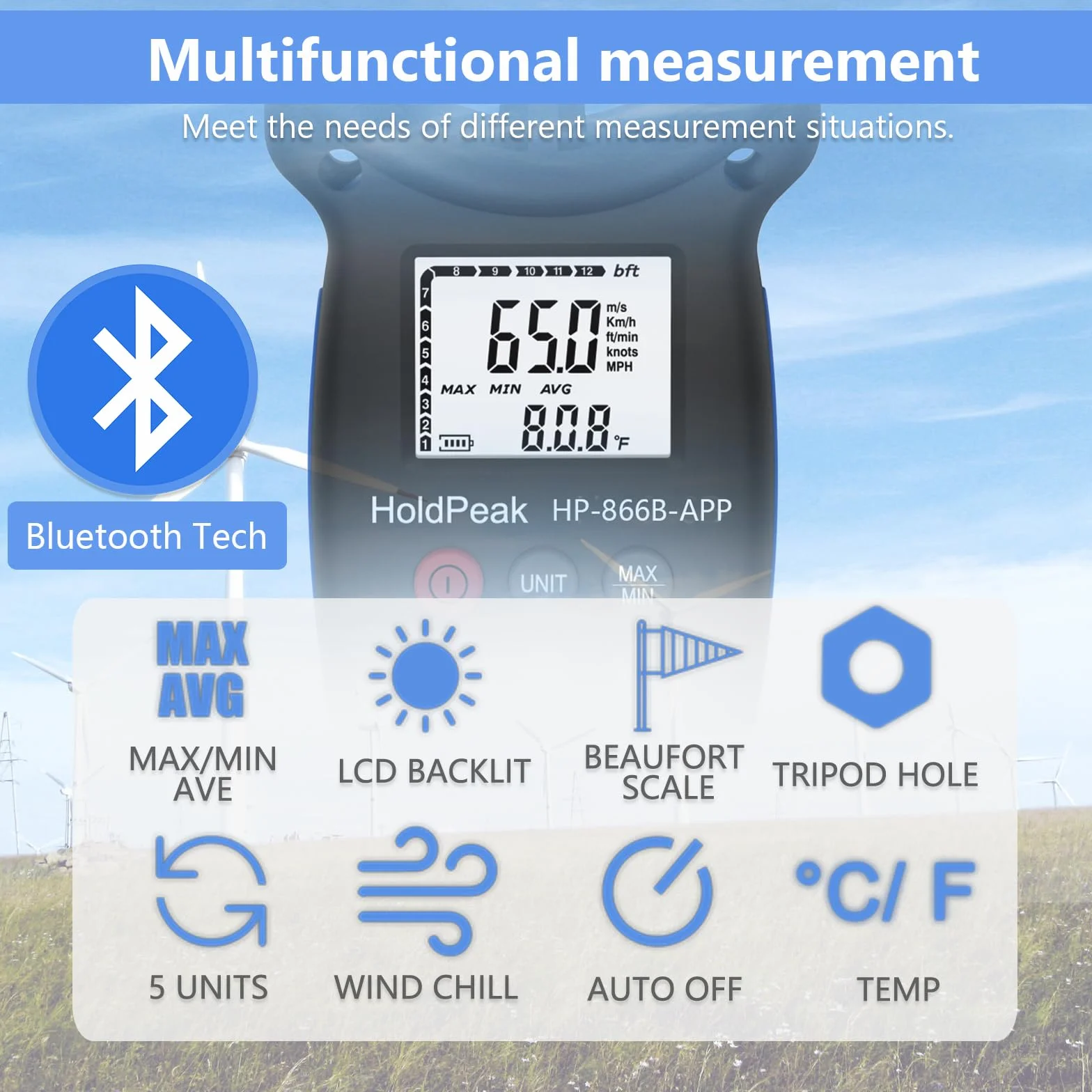HOLDPEAK HP-866B-APP Anemómetro digital de mano con Bluetooth inalámbrico para medir velocidad del viento, trípope incluido (negro)