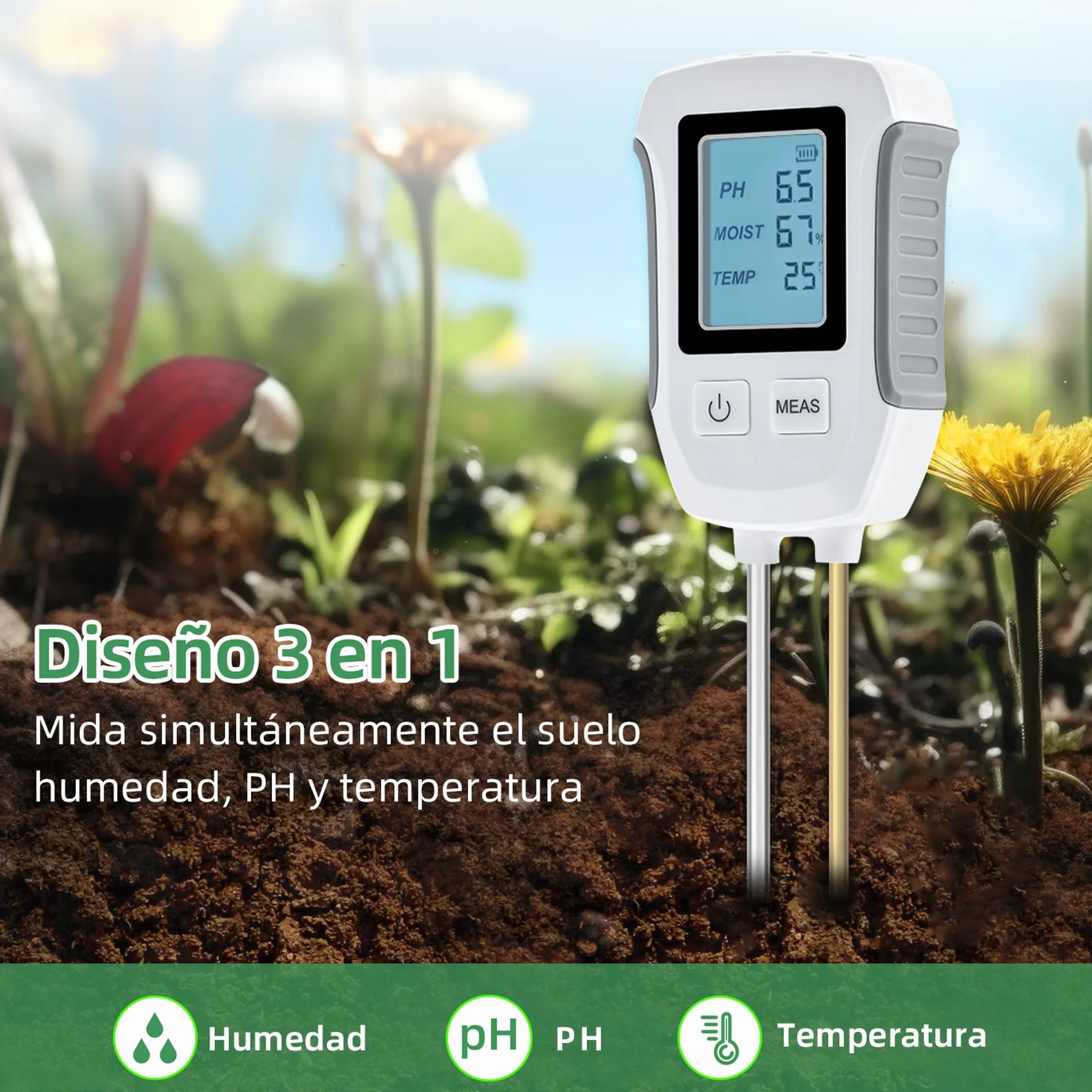 Mcbazel Medidor de Prueba de Suelo 3 en 1, Detección de pH, Temperatura, Humedad con Pantalla LCD Retroiluminada
