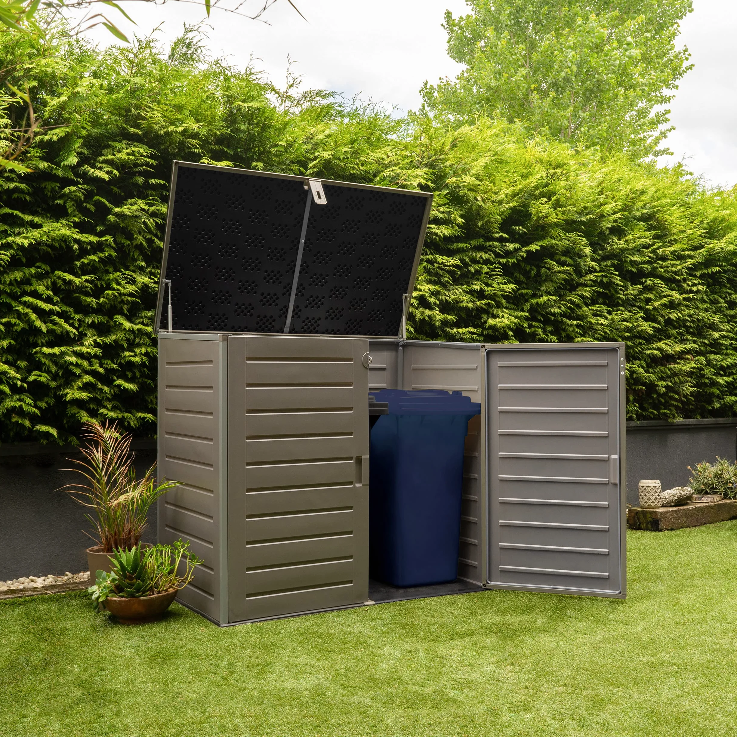 Wasabi Armario Exterior Resina 1170L 140x82x124cm Suelo Incluido Puerta Doble Tapa Abatible Cobertizo Jardín