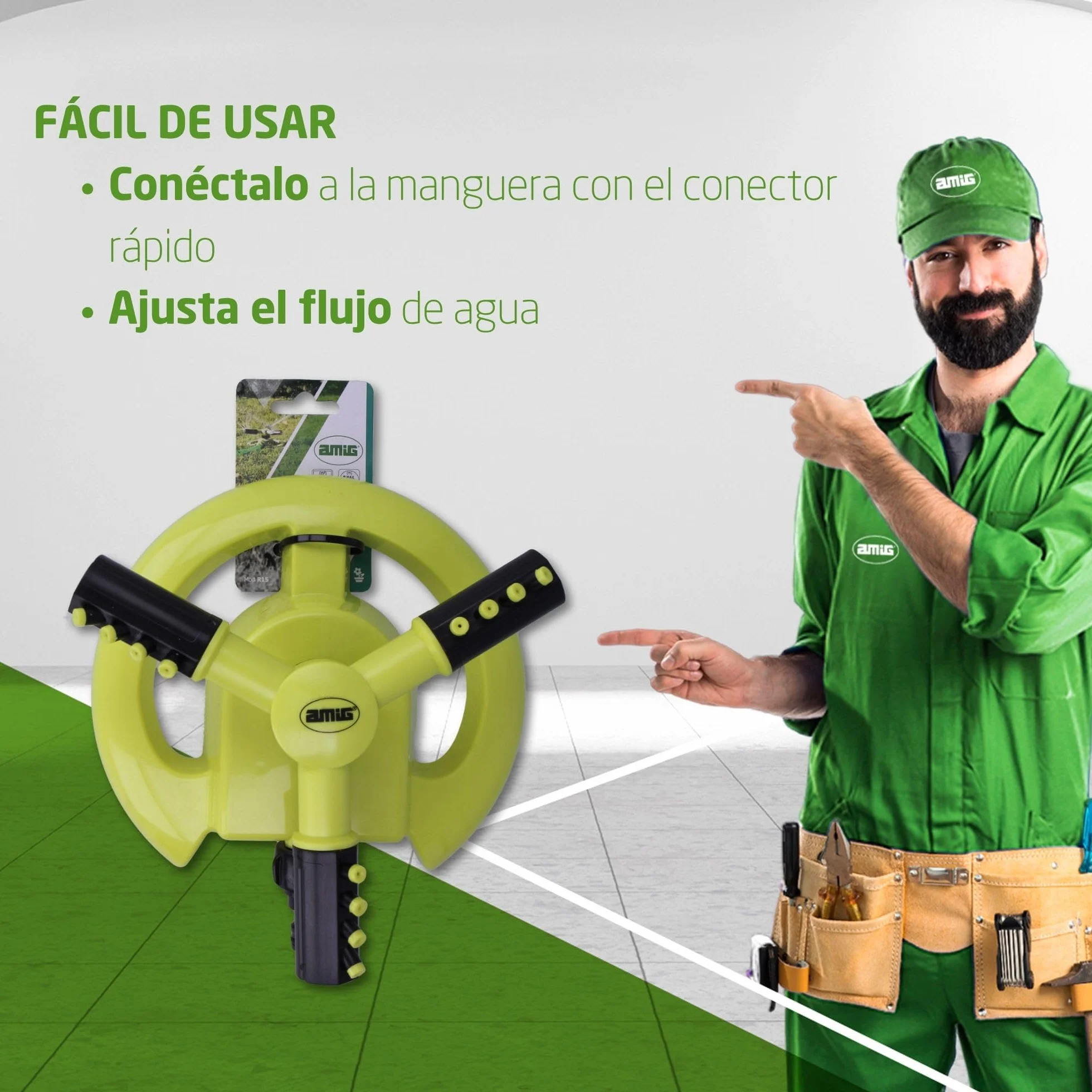 Amig Aspersor Giratorio 3 Boquillas Ø200 x 100 mm 3 Brazos Giratorios Conector Rápido 63,5 m² Plástico ABS Verde Pistacho Negro