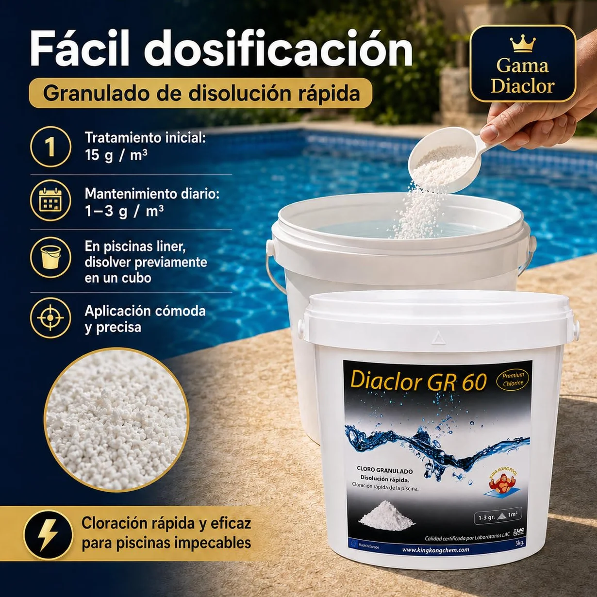 DIASA INDUSTRIAL Cloro Choque Disolución Rápida para Piscinas DIACLOR GR 60 5 KG Dicloro Granulado Puro