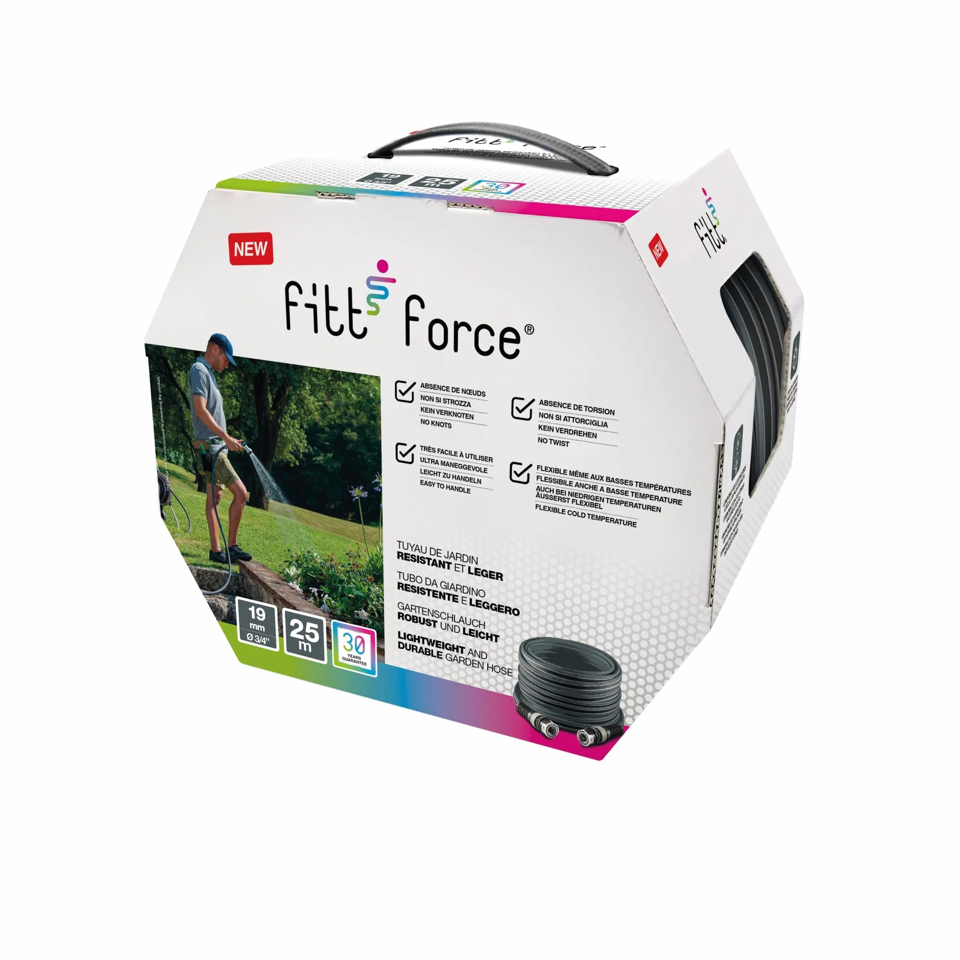 FITT FORCE 3/4" 25 m – Manguera de jardín plana y compacta; Tecnología innovadora; Ligera y resistente; Anti-torsión; Alta durabilidad; Ideal para riego intensivo; Made in Italy