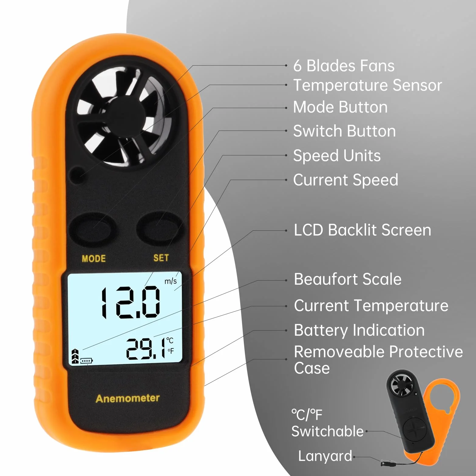 Anemómetro de mano digital con pantalla LCD, medidor de velocidad del viento MAX/MIN/AVG para cometas y meteorología