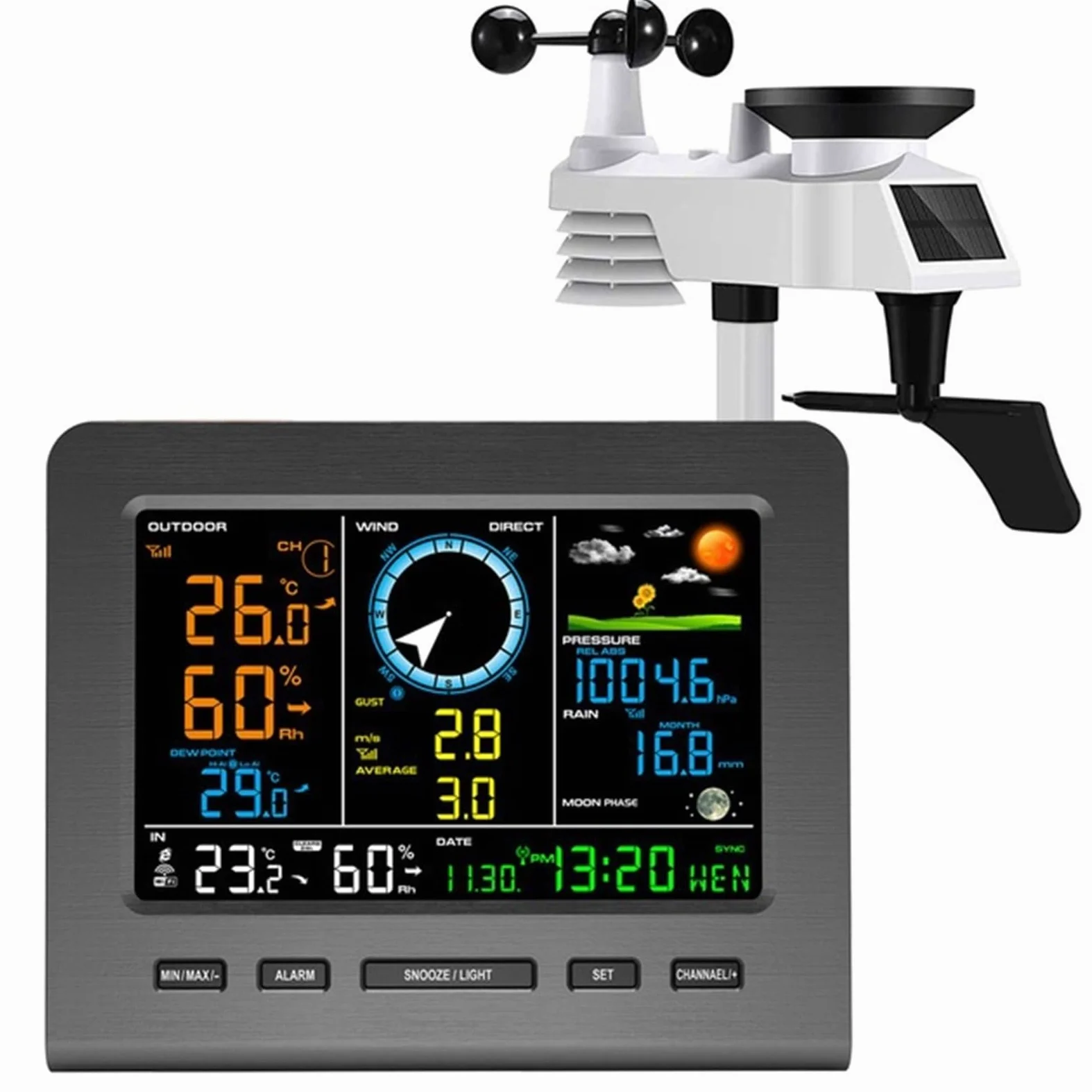 Estación Meteorológica Inalámbrica de Internet, pronóstico del tiempo, temperatura, presión, humedad, viento, lluvia, medidor, alarma con frase lunar(Radio Transmission)