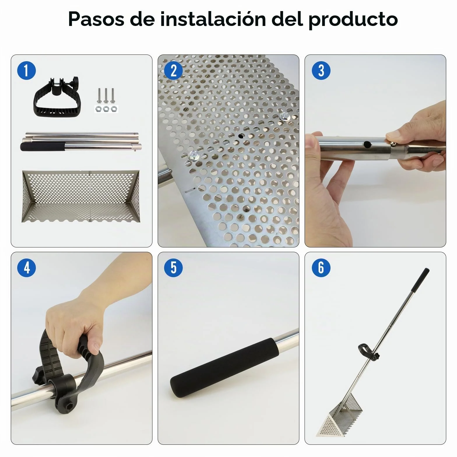 Colador de arena de acero inoxidable con cesta trapezoidal ancha, rastrillo de playa extraíble de mango largo